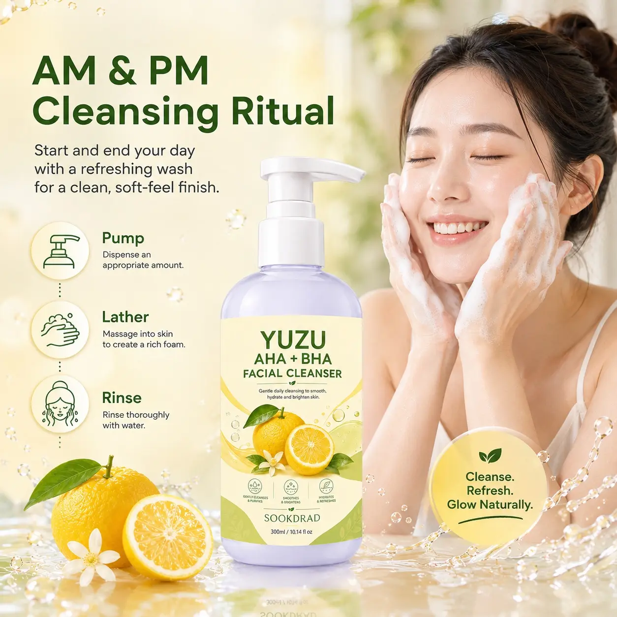 Yuzu AHA+BHA Facial Cleanser, contains AHA and BHA, gentle cleansing, hydrating, brightening, smoothing, purifying, facial cleanser, daily use, all skin types, 300ml/10.14fl oz