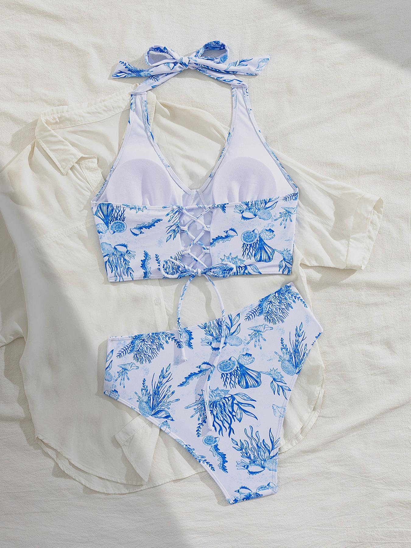 Two-piece Set Women's Butterfly & Floral Print Lace Up Bikinis Set, Casual Halter Neck Backless Swim Top & High Waist Swim Panty, Ladies Summer Swimwear for Beach, Swimsuits Women, Swimsuit Style, High Waisted Swimsuit, Bikini Sets