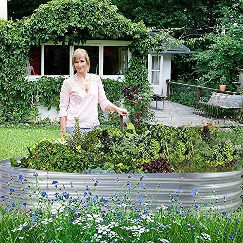 Galvanized Elevated Garden Bed Set with Safety Rubber Frame and Oval Metal Planting Boxes, Durable Raised Garden Planter for Vegetables, Flowers and Herbs, Easy Assembly and Weather-Resistant Design for Outdoor Gardening