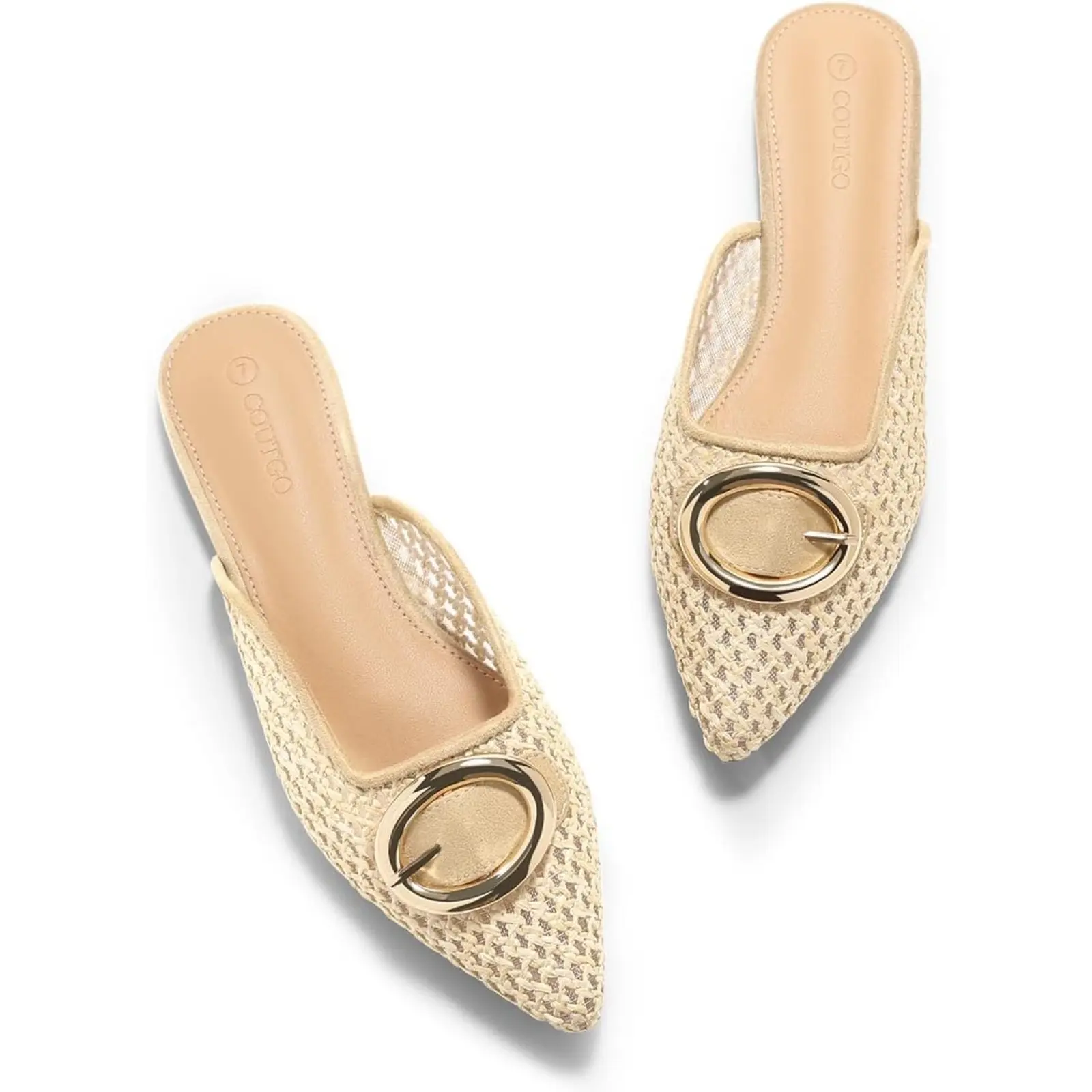 Coutgo Women's Woven Raffia Mules with Metal Detail, Pointed Toe Slip-On Lightweight Summer Casual Flats, Womens, Footwear