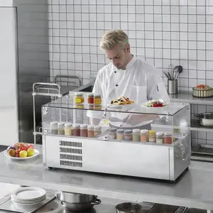Refrigerated Prep Station – 130W Air-Cooled Salad Bar Buffet Table, 35–46°F Digital Temperature Control, 1/3 Pan & 4 x 1/6 Pans, 304 Stainless Steel with Glass Shield for Restaurant & Food Truck Use
