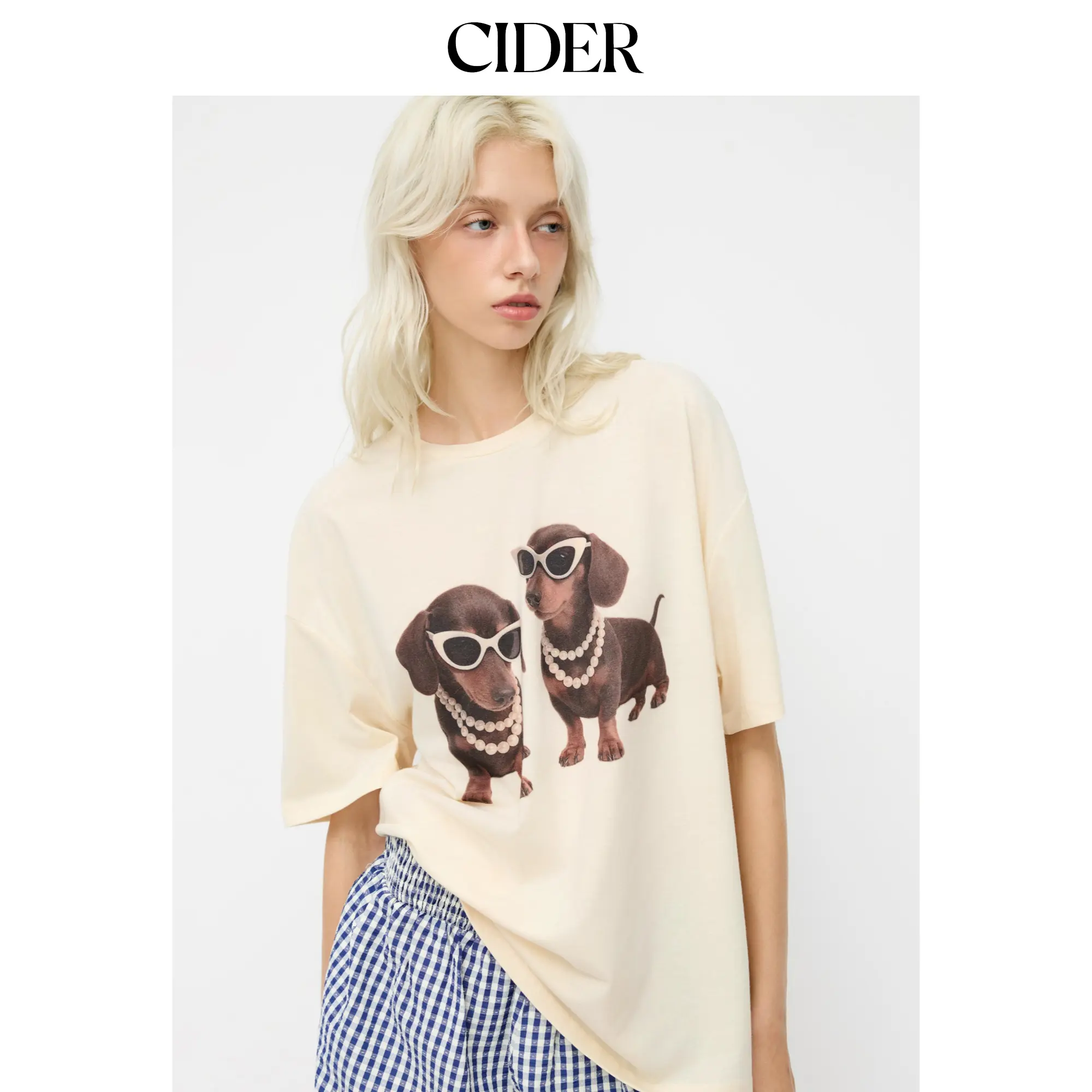 Cider Cotton-blend Dachshund Puppies Graphic Oversized Tee