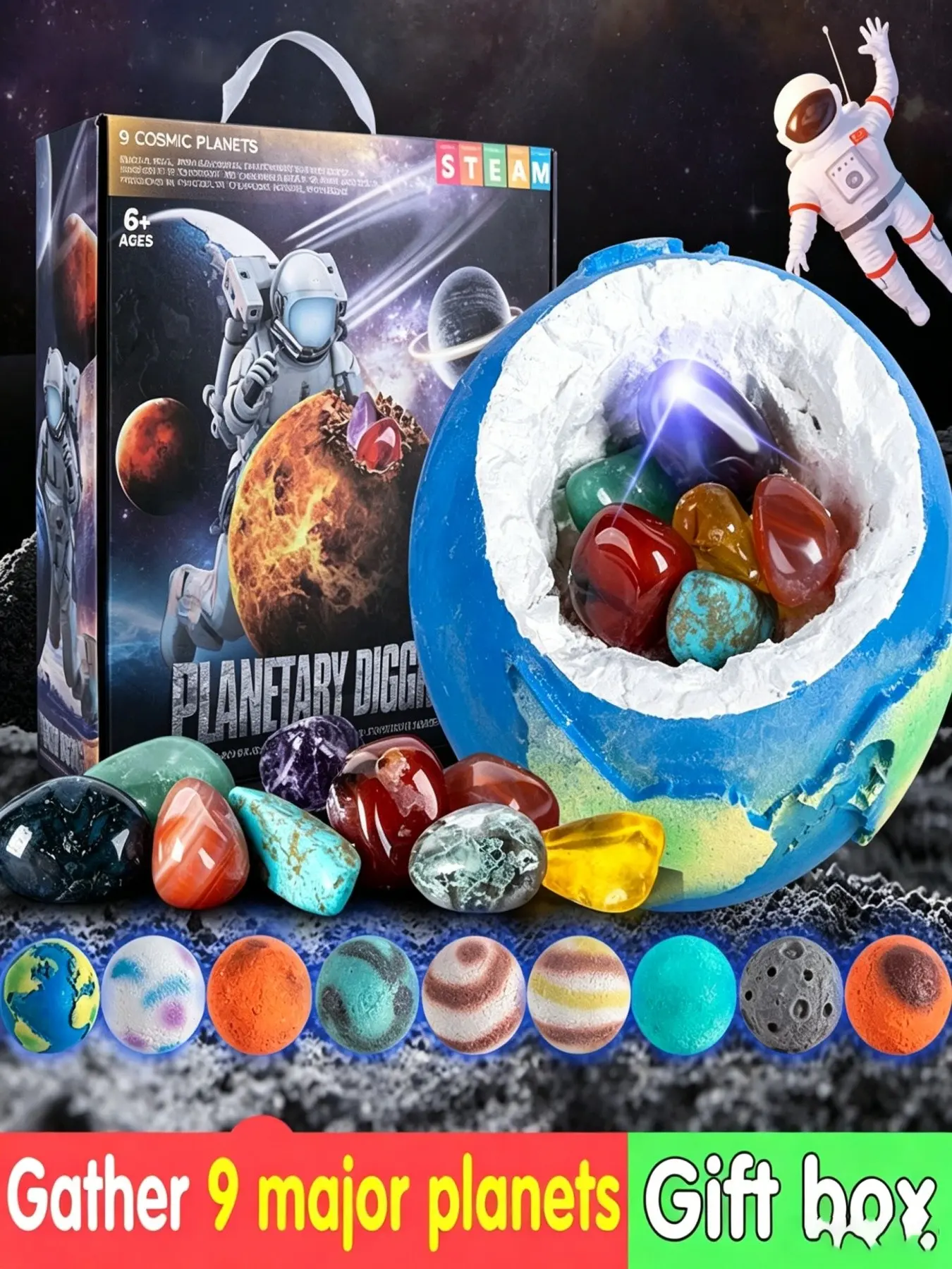 1pc/9pcs Cosmic Planet Mining Archaeological Mining Teaching Kit Set, Digging Real Natural Gem Crystals Scientific Experiment Props, Exploring the Nine Planets' Mineral System of Natural Crystals, Birthday and School Project Gifts