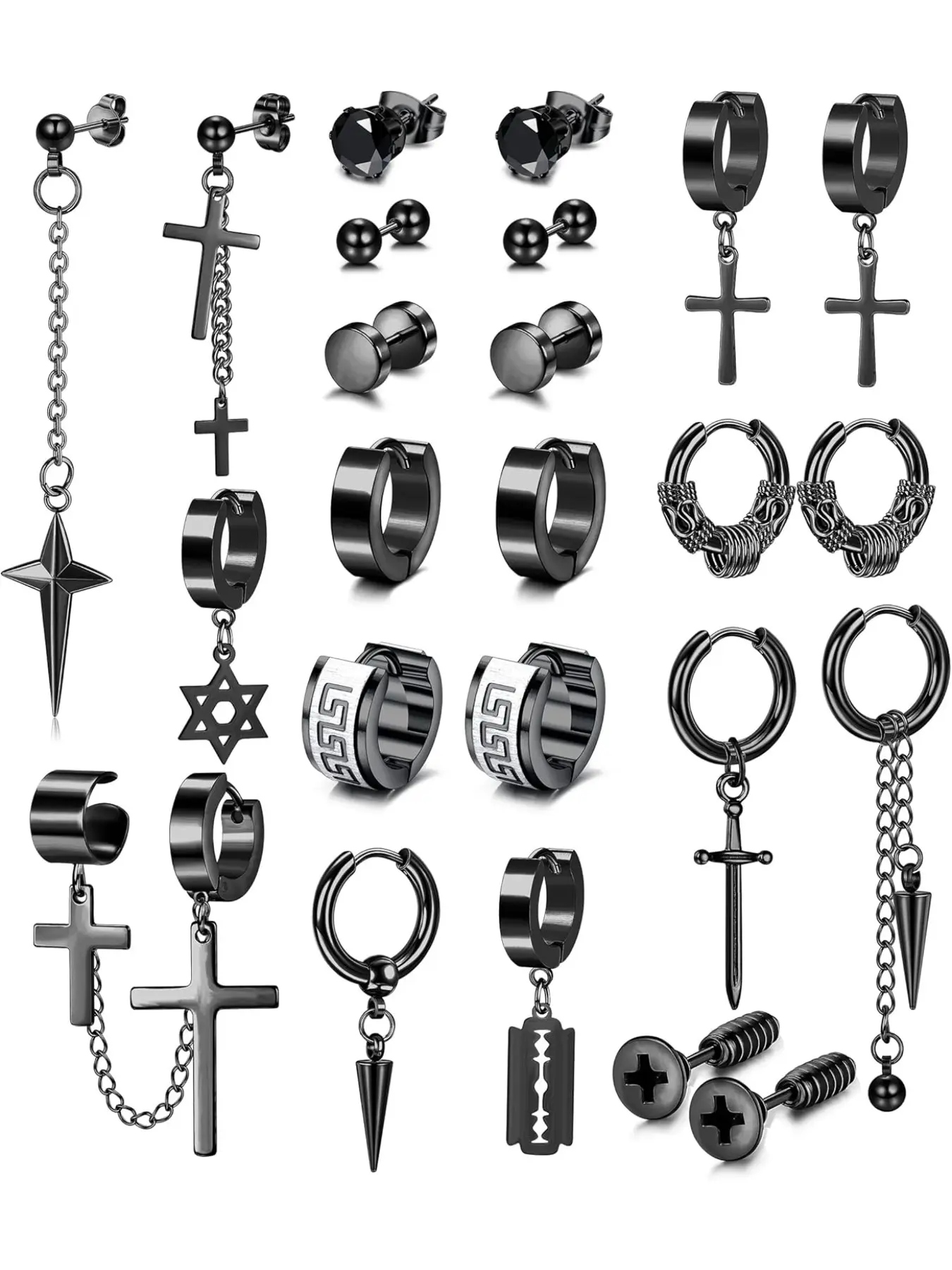 13 Pairs Mens Earrings Stud Earrings Set Earring Pack Stainless Steel Hoop Earrings Dangle Cross Earrings Kpop Punk Earrings Fashion Boys Earrings Silver Gold Black Earrings for Men Women
