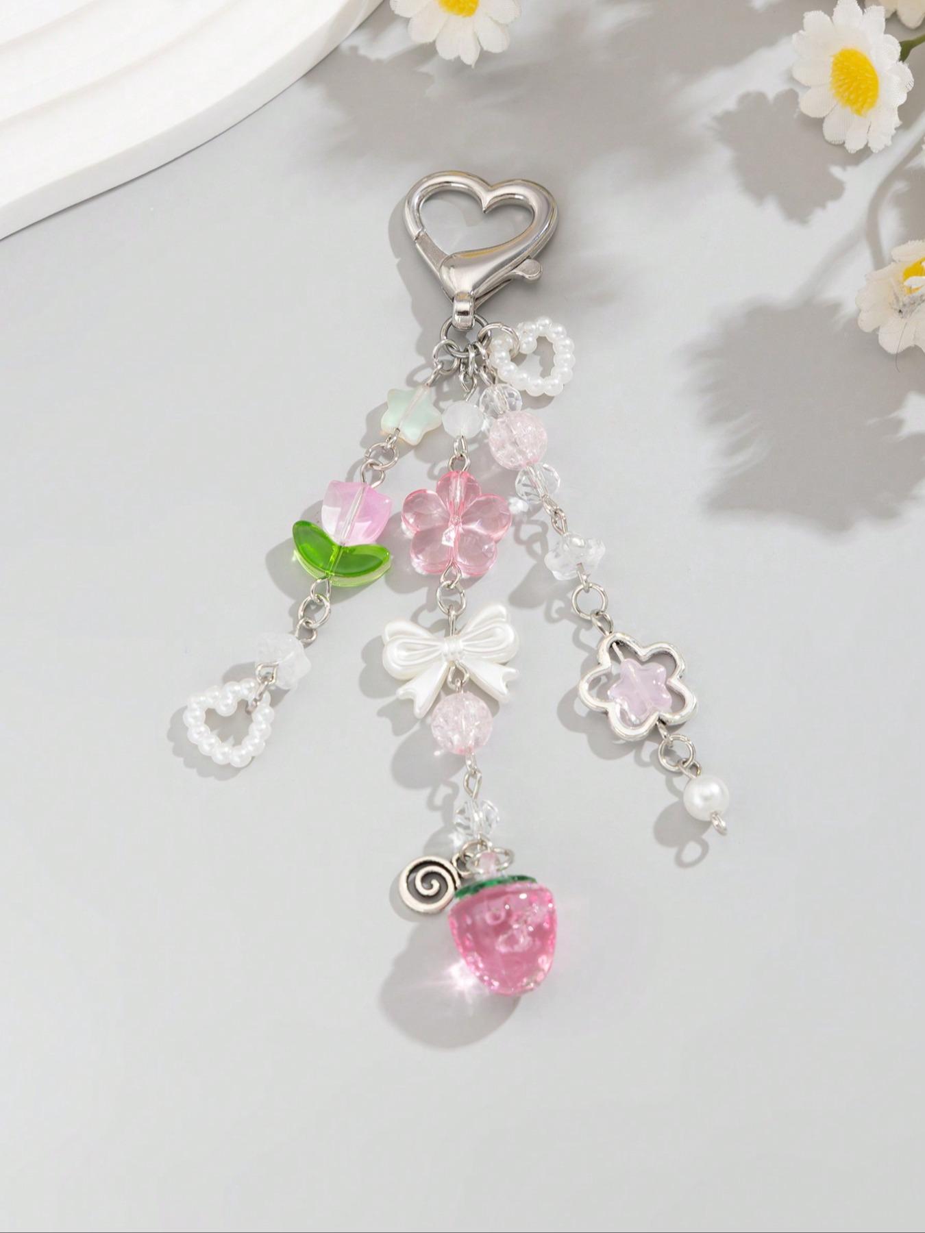 Cute Flower & Strawberry & Bowknot Design Keychain, Fashionable Alloy Keychain for Women & Girls, Trendy All-match & Exquisite Keychain for Birthday Gift