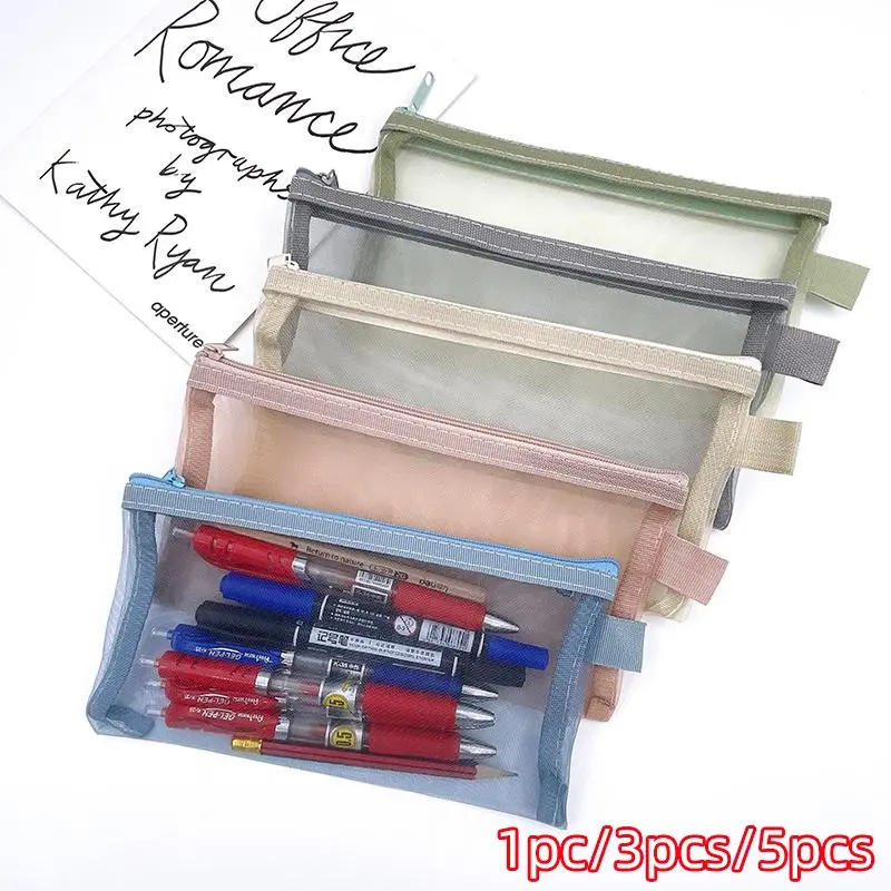 5/3/1 Nylon Zipper Pencil Case Set, A6 Mesh Transparent Stationery Bag, Portable Student Storage, Simple Design, Suitable for School and Office Supplies, Set with Pen