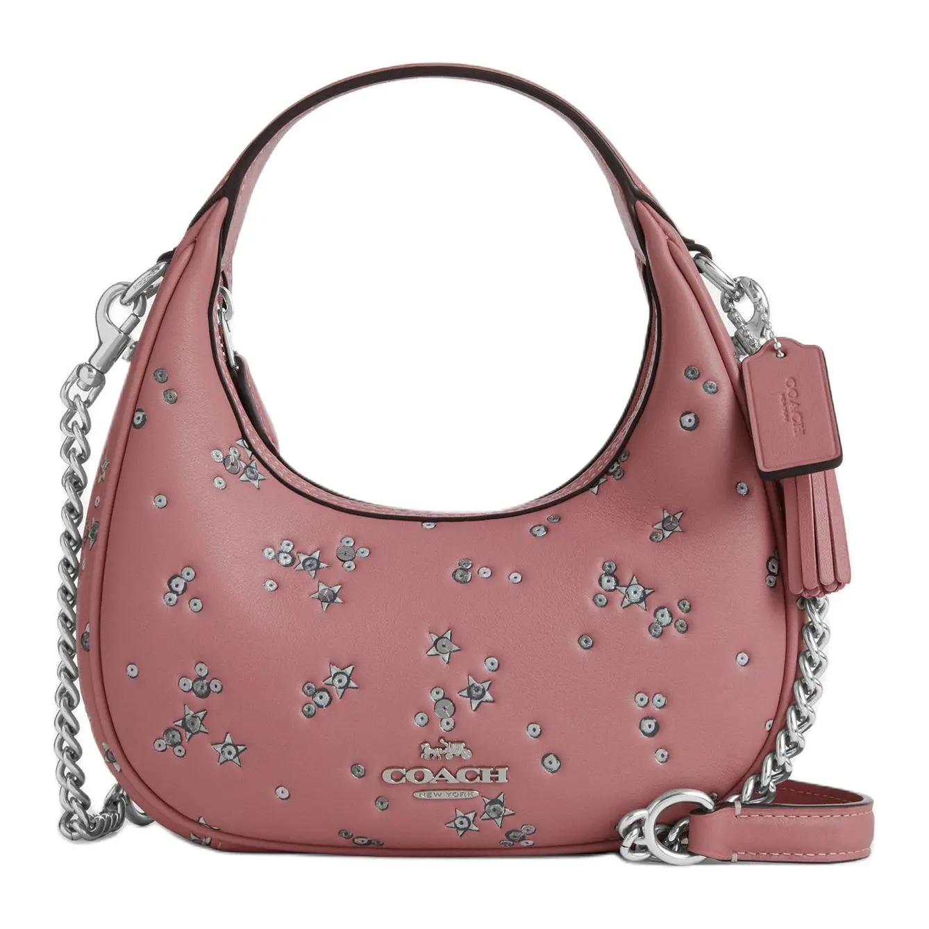 Coach Carmen 20 Mini Crossbody Handbag for Women, Star-Printed Genuine Leather, Gray-Pink