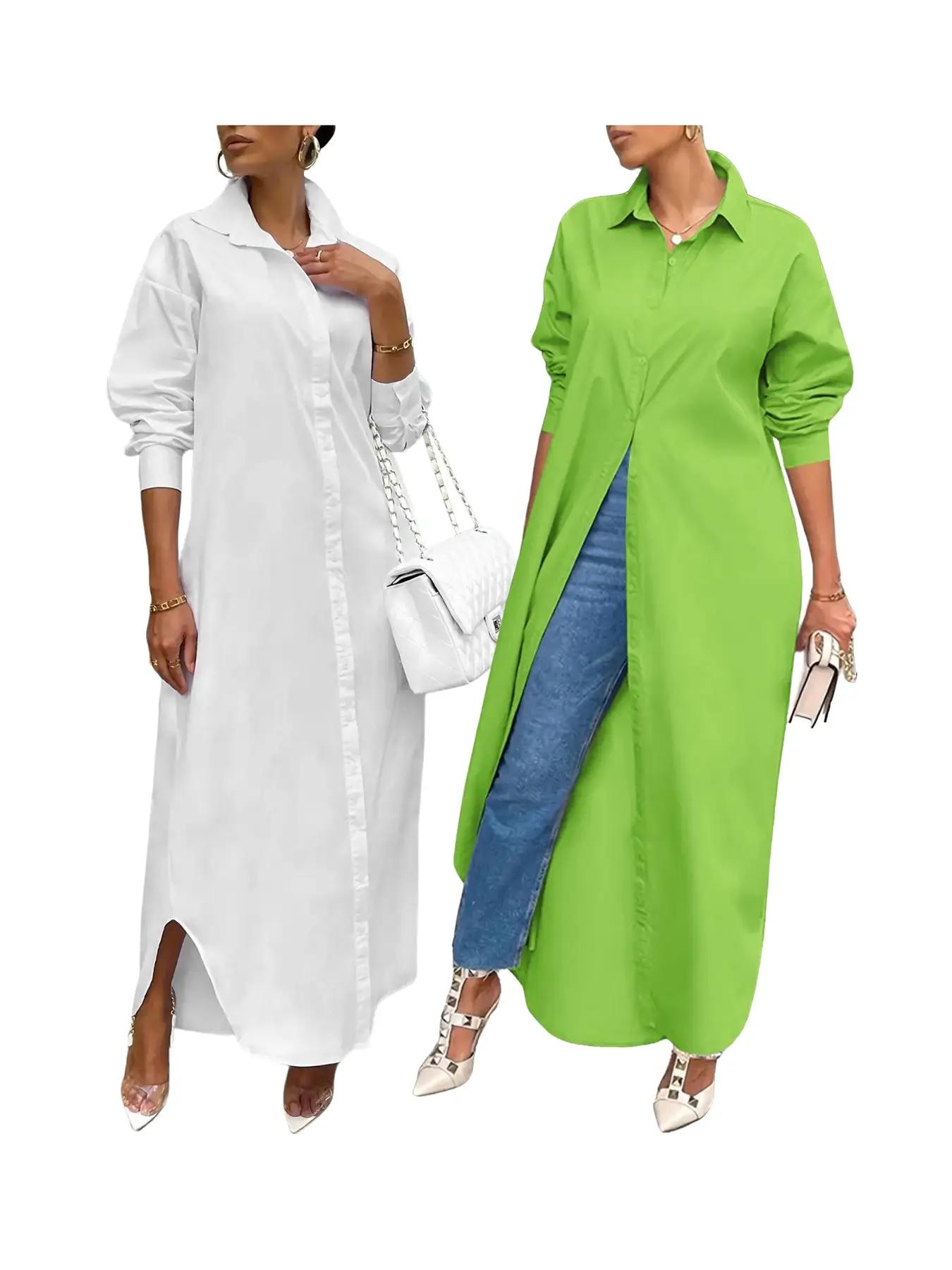 Women's Solid Collared Button Front Long Blouse, Casual Long Sleeve Button Up Shirt, Fashion Women's Spring & Fall Top For Daily Wear