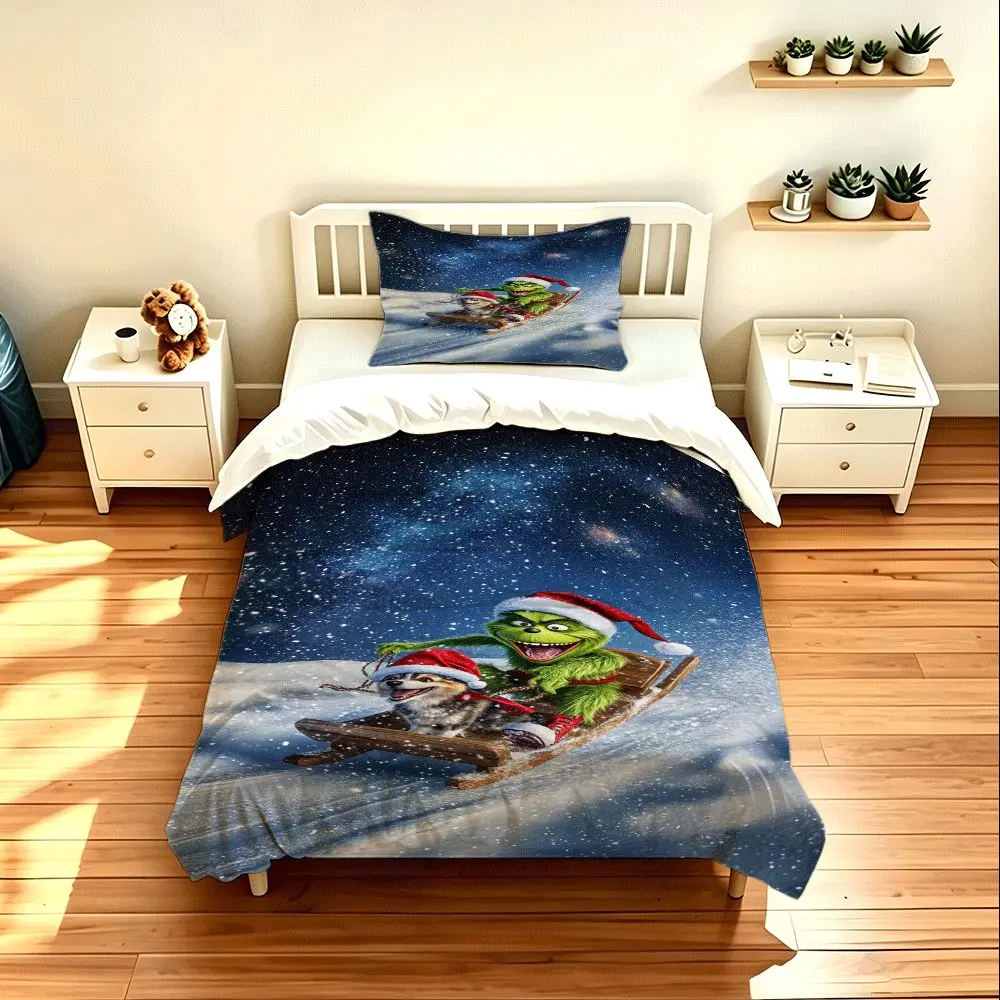 2/3pcs duvet cover set (1 duvet cover + 2 pillowcases) - Christmas Grinch Sledding Themed Bedding, HD Digital Print, Fade Resistant, Soft & Cozy Polyester Fabric, Suitable For Dorm, Bedroom & Hotel, All Season Home Decor (No filler or pillow‑insert