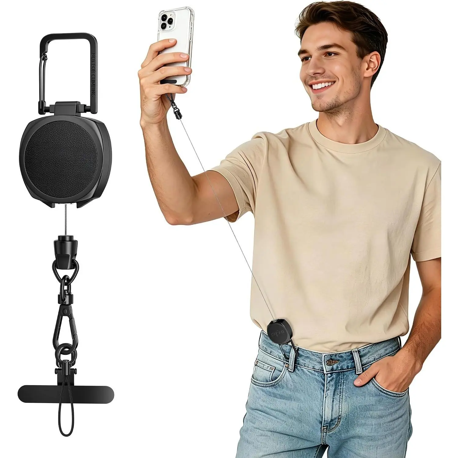 Anti- Phone Tether, Retractable Steel Line Phone Strap Lanyard Leash with Carabiner & Metal 360° Tether Tab for Skiing Hiking Fishing Climbing Cycling Outdoor Travel - Black