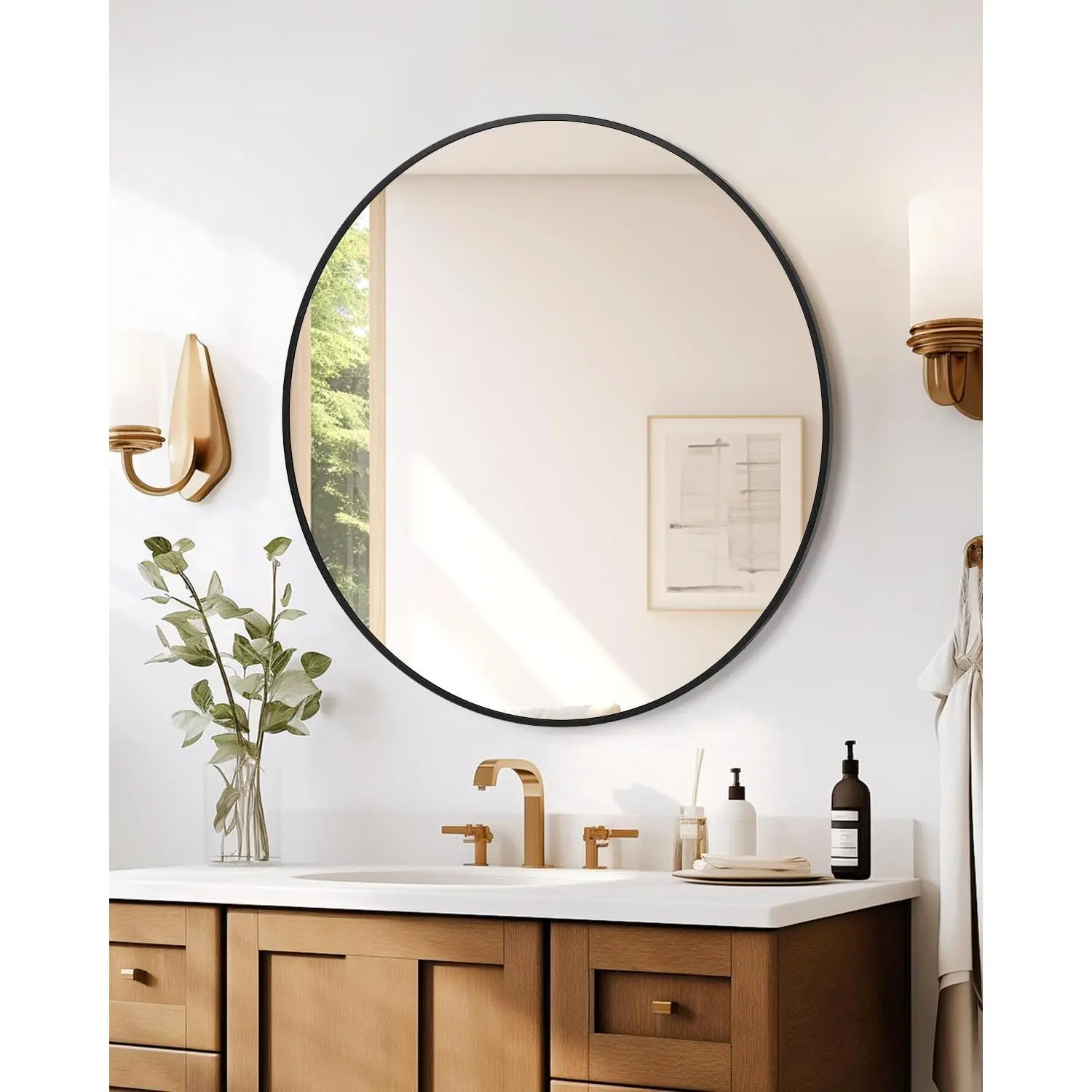 18 Inch Round Bathroom Mirror with Black Metal Frame, Modern Circle Wall Vanity Mirror for Bedroom Entryway Powder Room, HD Distortion Free Small Decorative Mirrors for Living Room Hallway Salon, Easy Wall Mount