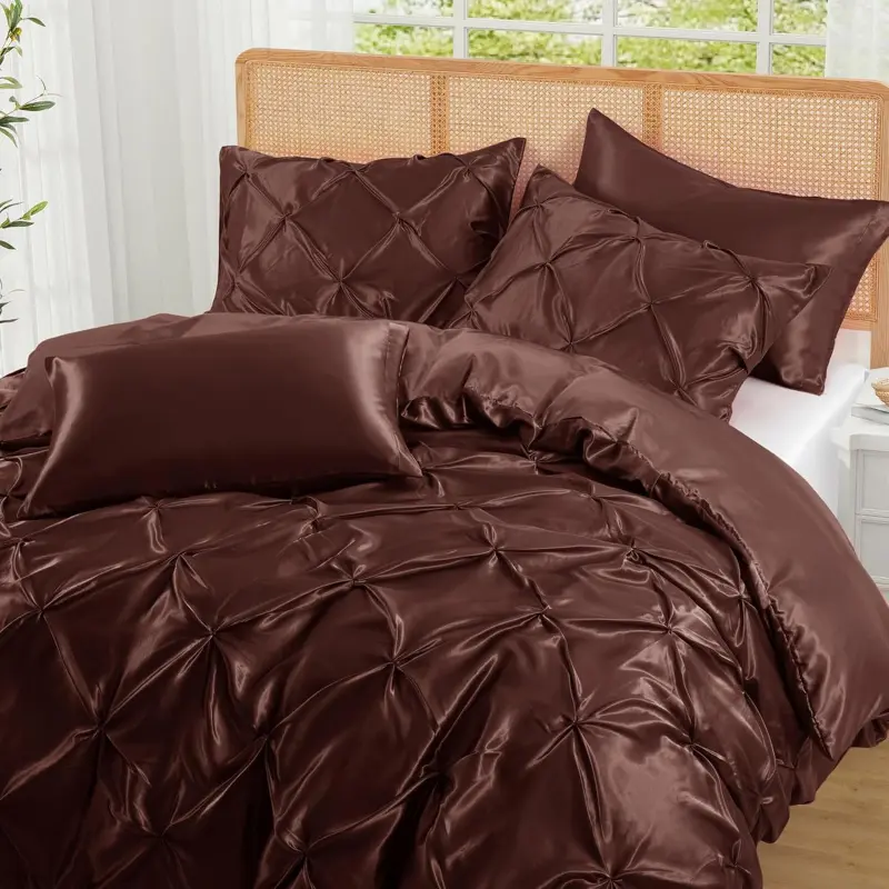 5-Piece Satin Pintuck Duvet Cover Set - Cocoa Brown Pinch Pleat Full/Queen Luxury Bedding Set with Corner Ties, 2 Pillow Shams, 2 Pillowcases (No Comforter) for Stylish White Blue Plaid Bedroom Decor, Bedding Sets