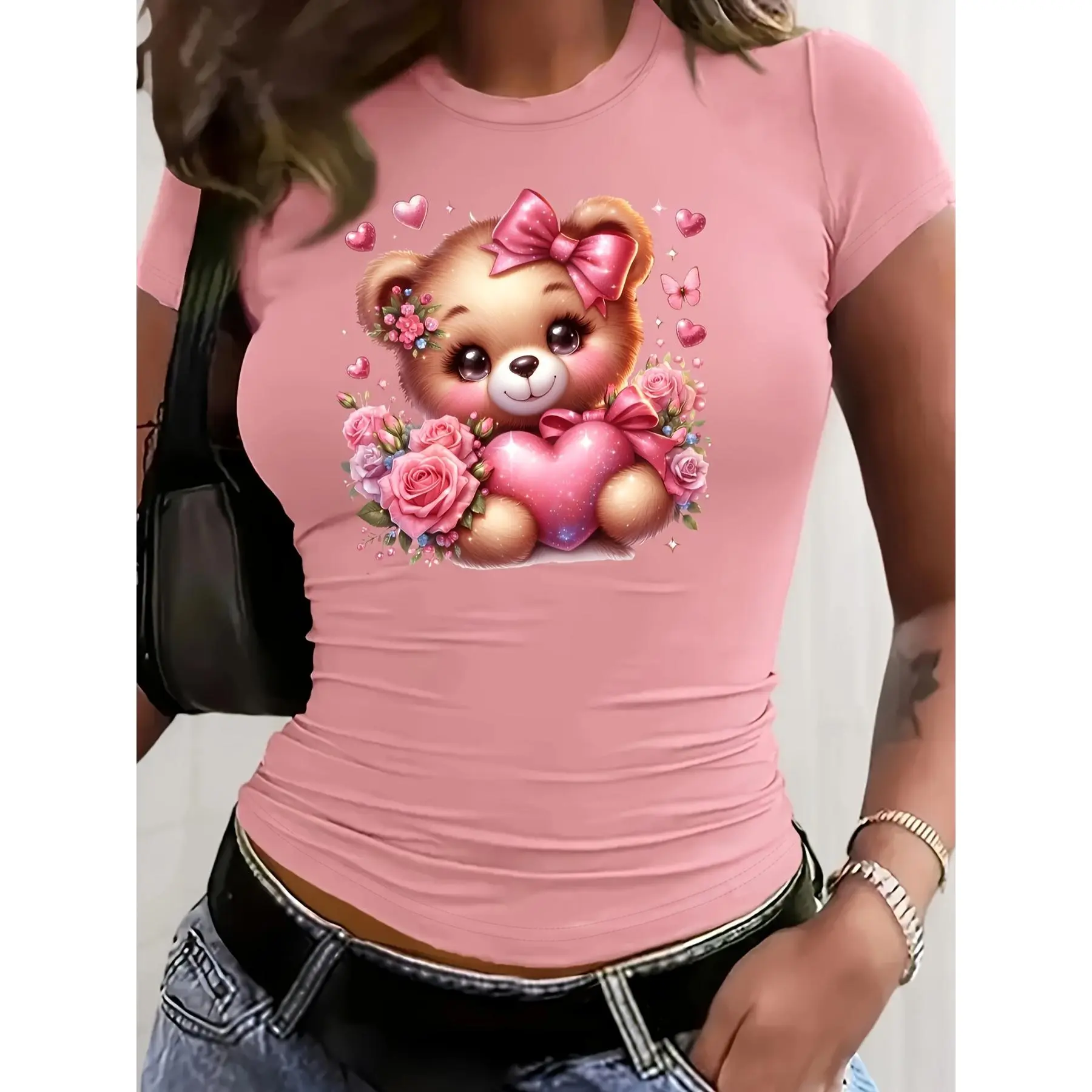 Y2K Style Spring And Summer Fashion Sexy Short-Sleeved T-Shirt, Bear with Bow And Pink Heart-Shaped Pattern Rose Pattern Print, Short-Sleeved Round Neck Top Grunge Graphic Album Mii Need Cigarette