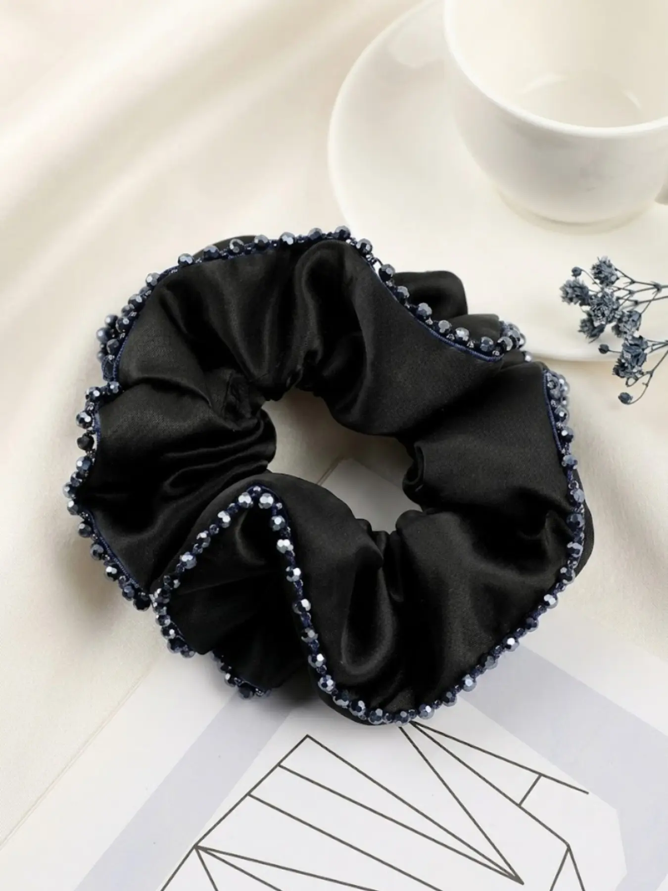 Hand Sew Crystal Trim Satin Scrunchie For Women, Luxury Ruffled Silky Hair Tie, Elegant Ponytail Holder Hair Accessories, Black Rhinestone & Dark Blue Rhinestone Two Colors, Daily Dating Party Gentle Hair Decor