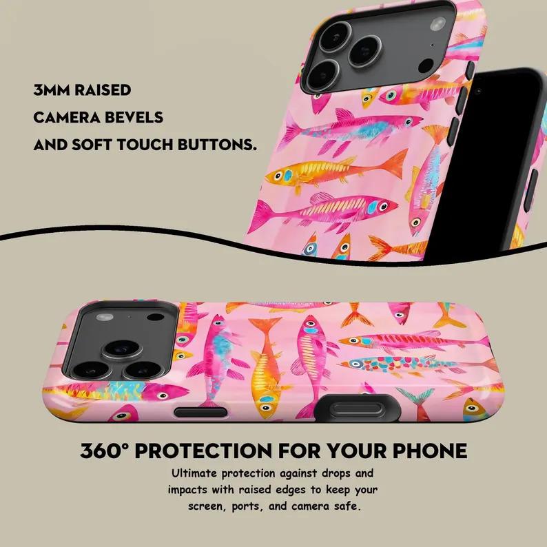 Glam Street TPU Shockproof Waterproof Phone Case - Preppy Cover/Shell with Pink Cartoon Fish, Vintage Skull, Flower Designs for iPhone 12-17 Pro Max, Samsung S23-S25 Ultra Full-Protection Accessory