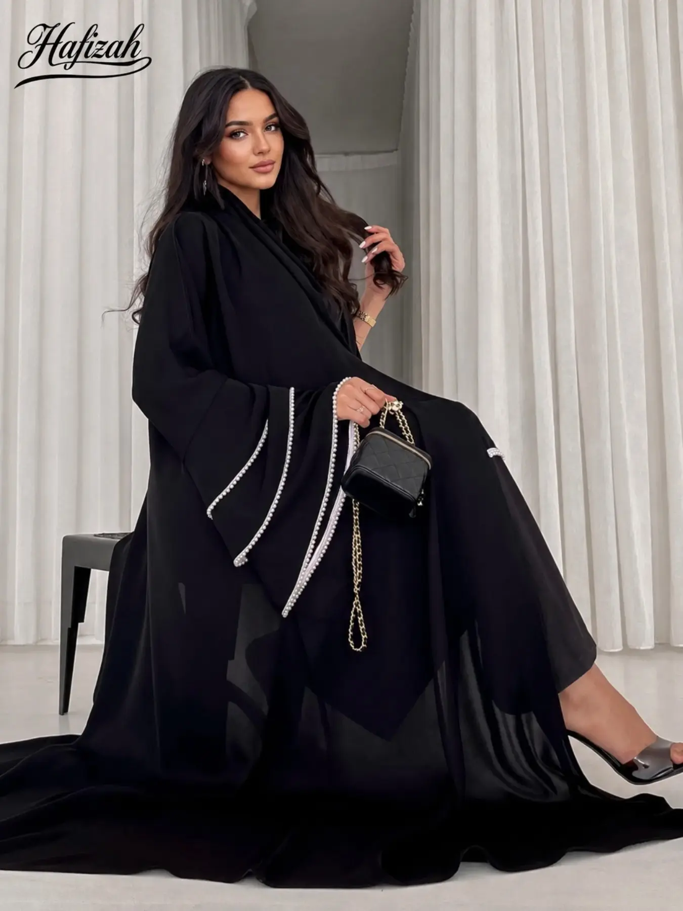 Elegant Pearl Sleeve Women's Robe, Luxurious Muslim Open Front Kimono Style, Loose Dubai Abaya, Eid Festival Clothing