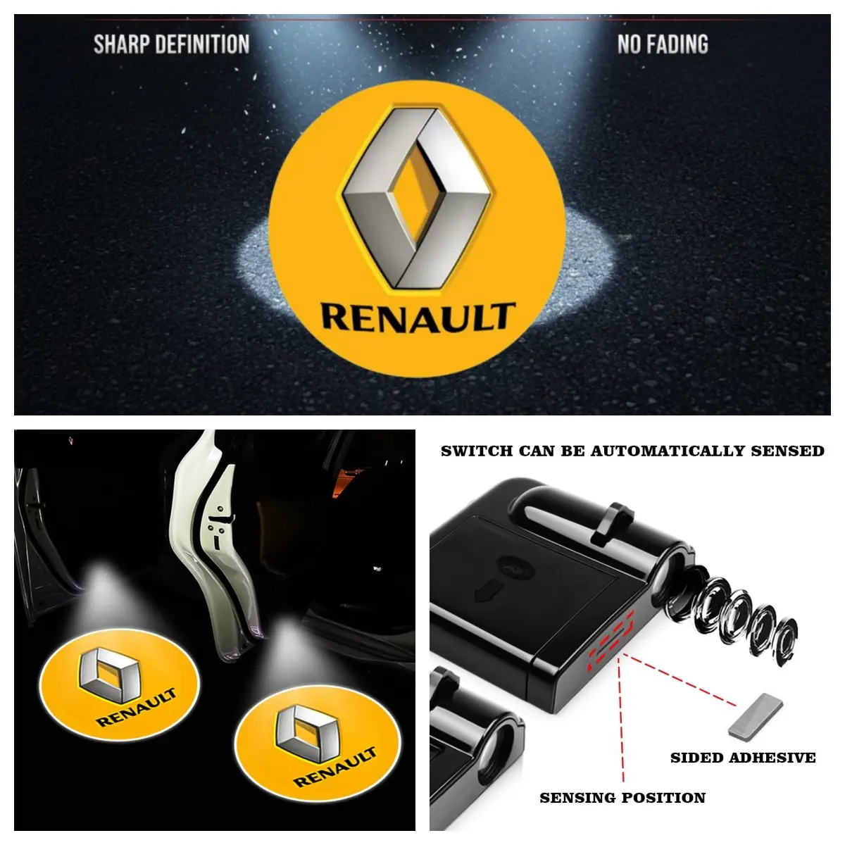 2 Pack / 4 Pack Car Door Shadow Welcome Lights, No-Damage Self-Adhesive No-Drill LED Projector Lamps, High Transmittance Lens Ultra HD Projection Fade Resistant, Auto-Sensing Activated by Door Opening & Closing, Compatible with Renault, Captur, Kadja