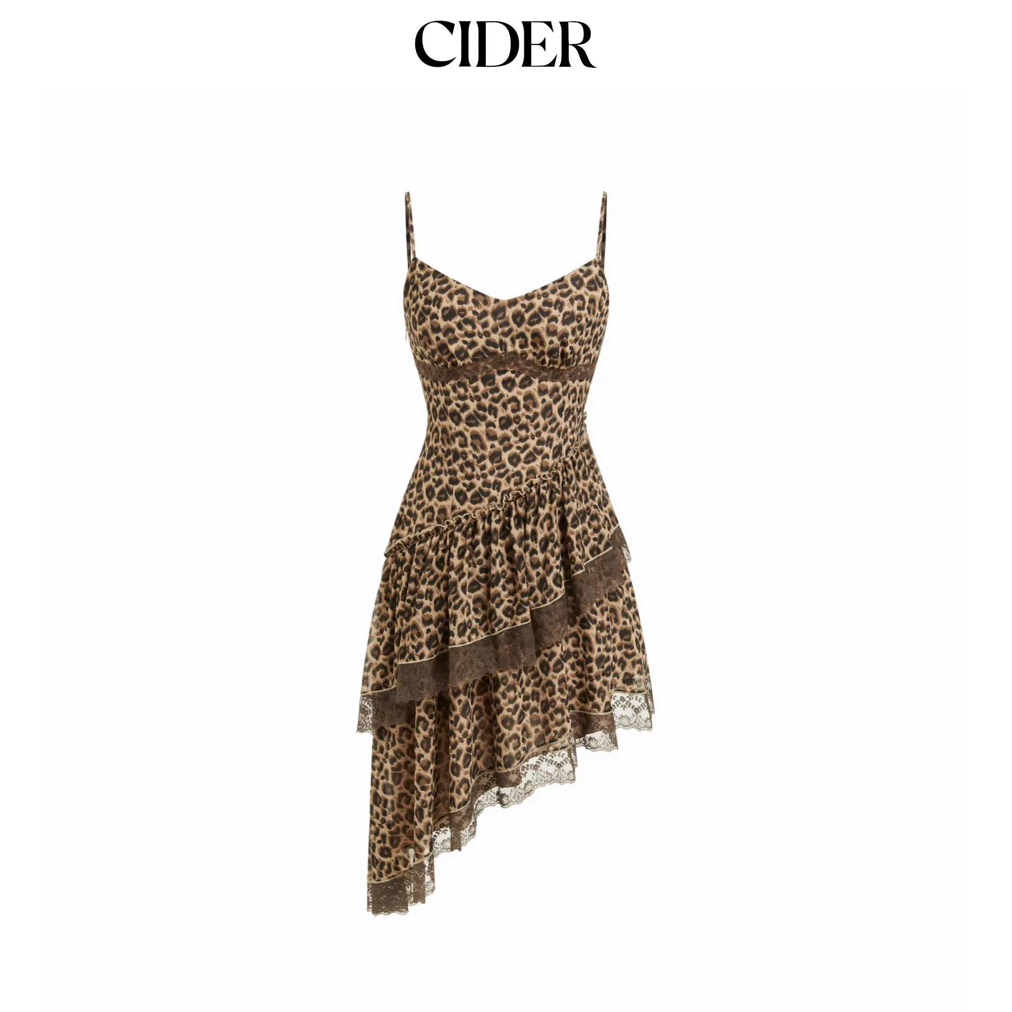 Cider Chiffon Leopard Print V-neck Lace Trim Cami Midi Dress
