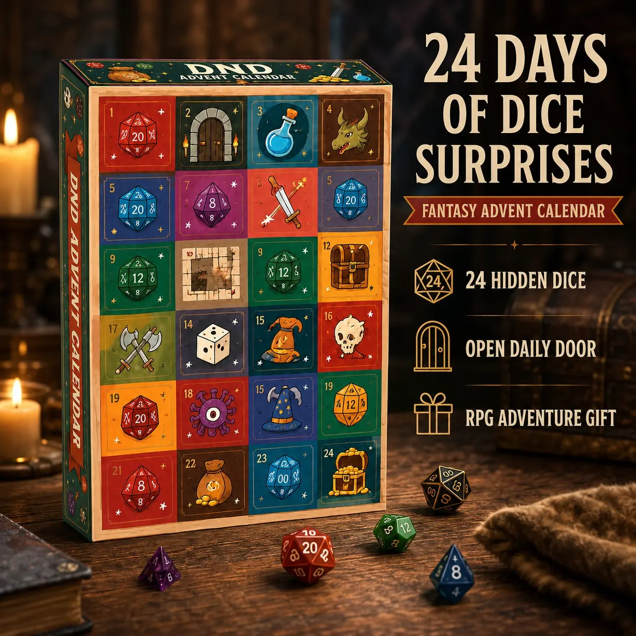 24 Days Dice Advent Calendar, Fantasy Rpg Mystery Gift Box, Daily Dice Surprise for D&d Players, Game Night Fans, Fun Holiday Countdown