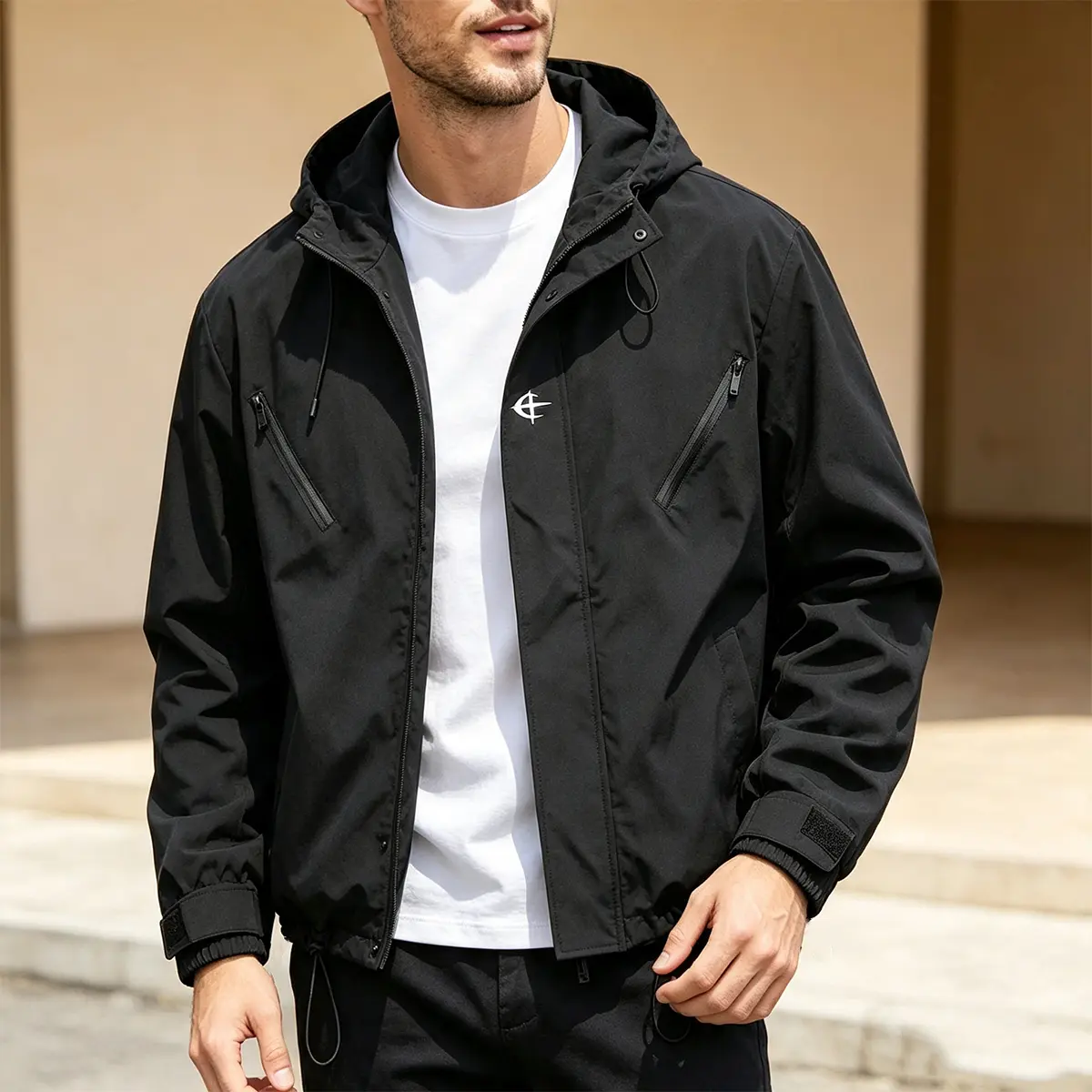 Men's Lightweight Functional Hooded Zip-Up Windbreaker Jacket - Minimal Chest Embroidery Logo, Diagonal Zipper Security Pockets, Adjustable Drawstring Hem, Hook-Loop Cuffs, Loose Fit Utility Outerwear for Street Style, Daily Commute