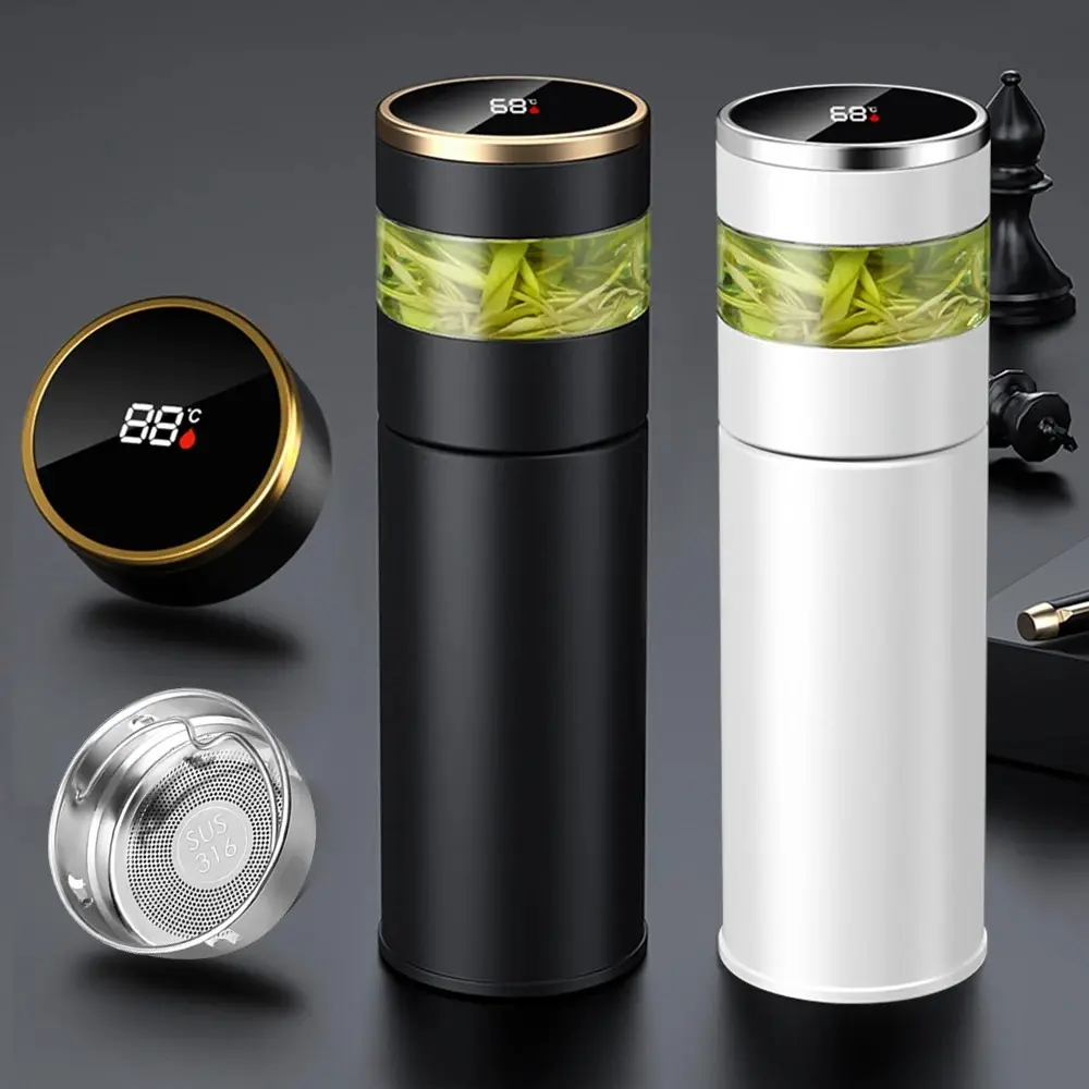Smart Magnetic Lid Water Bottle - 15oz Vacuum Insulated Stainless Steel Glass Tumbler with Tea Infuser - Leakproof Double Wall Flask for Coffee, Travel, Gym & Office