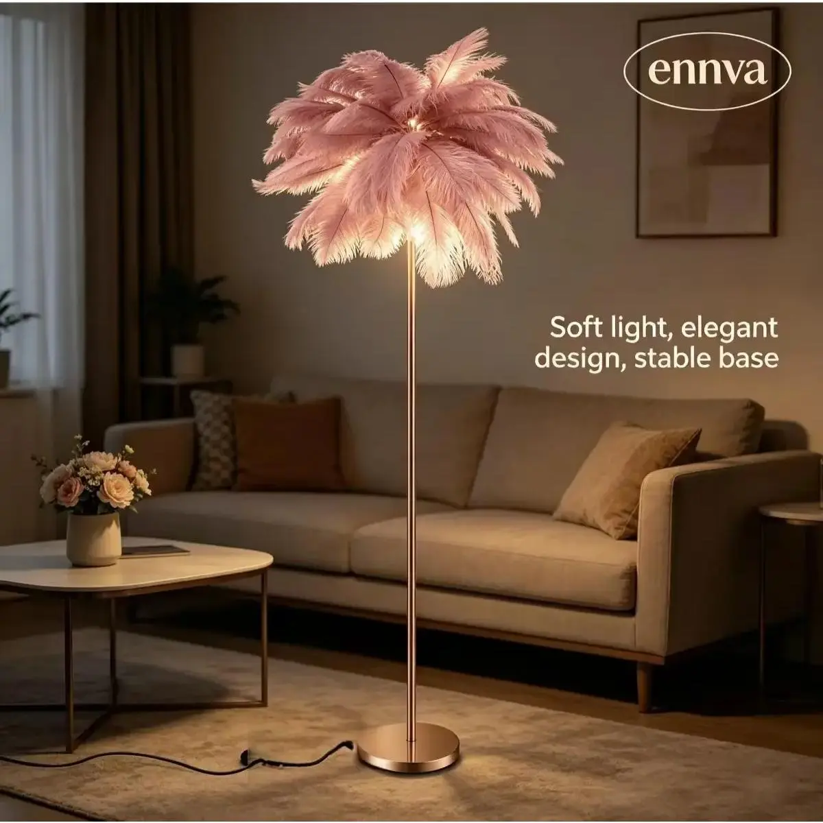 home essentials Ennva Blush Pink Fluffy Ostrich Feather Floor Lamp - Rose Gold Curved Tall Standing Lamp with 3 Color Temperatures, Dimmable Bright LED Bulb, Modern Stylish Indoor Light for Living Room, Bedroom Aesthetic Decor socket adjustable ,butterfly