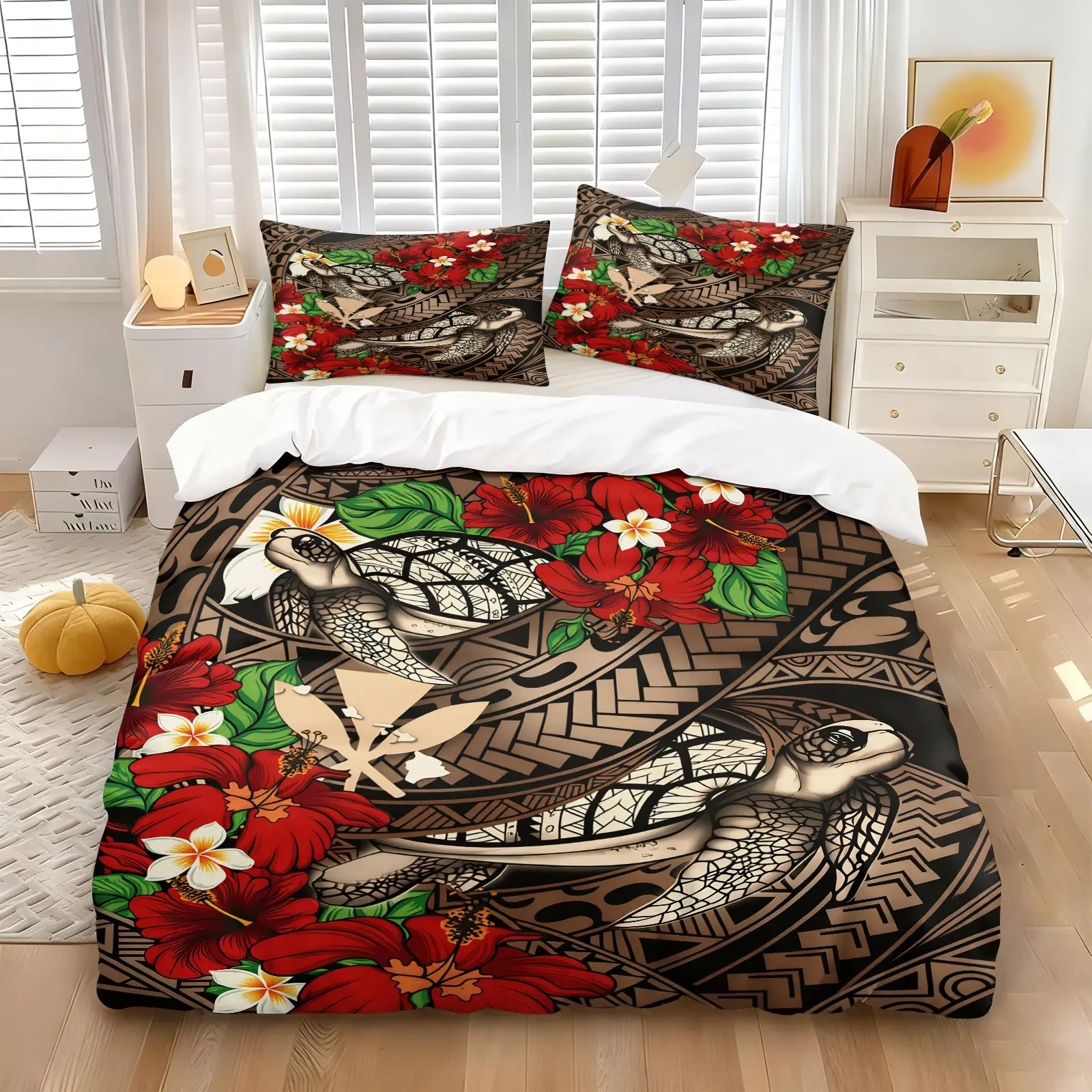 Polynesian Tribal Sea Turtle & Hibiscus Duvet Cover Set, 1 Duvet Cover + 1/2 Pillowcases, No Filling, HD All Season Print, Soft Breathable Bedding, Hawaiian Tribal Turtle with Red Hibiscus Pattern for Tropical Bedroom Decor