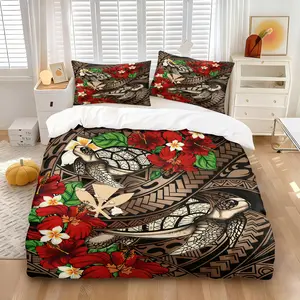 Polynesian Tribal Sea Turtle & Hibiscus Duvet Cover Set, 1 Duvet Cover + 1/2 Pillowcases, No Filling, HD All Season Print, Soft Breathable Bedding, Hawaiian Tribal Turtle with Red Hibiscus Pattern for Tropical Bedroom Decor