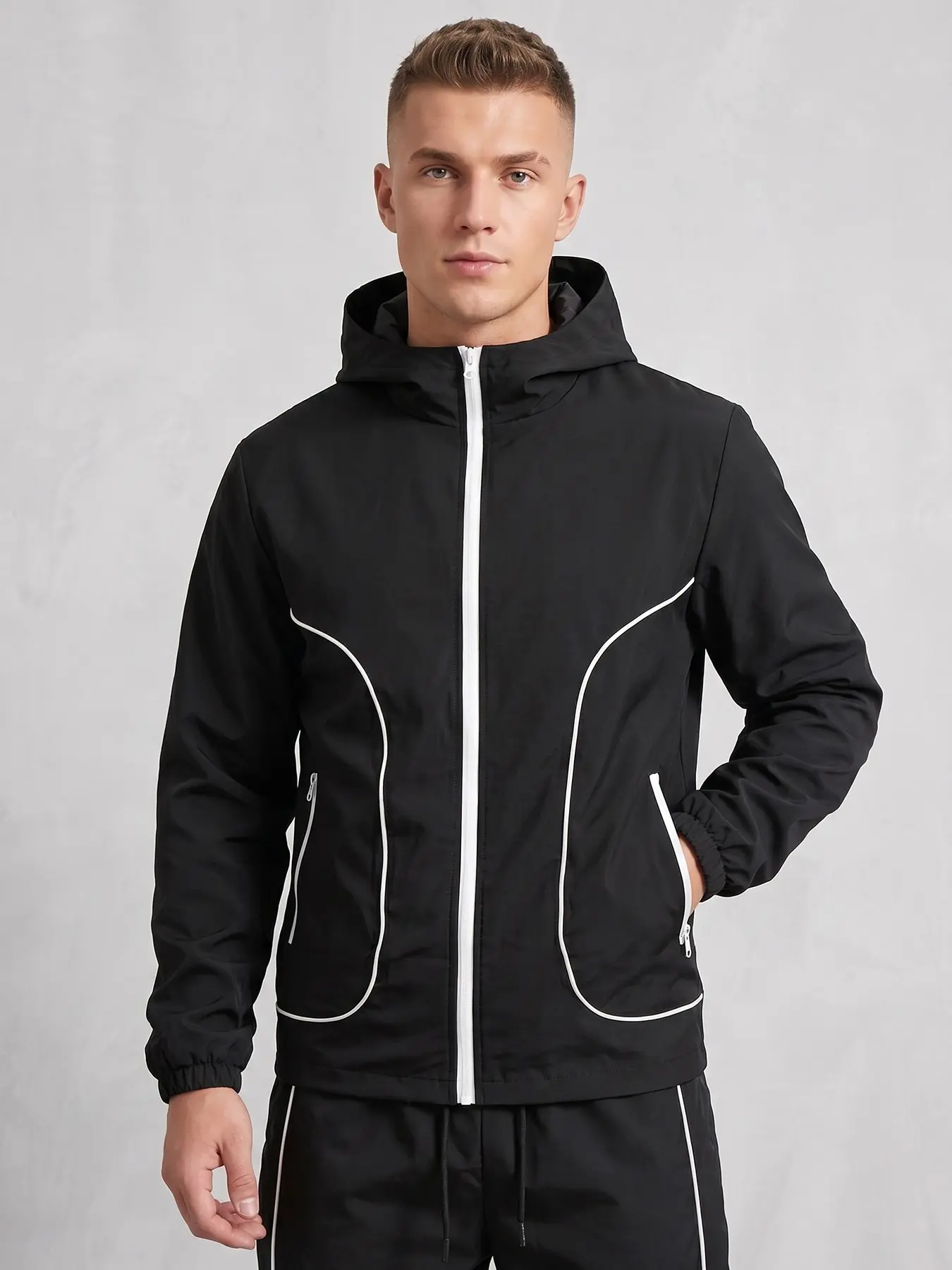 Men's Contrast Piping Full Zip Hooded Windbreaker Jacket, Lightweight Windproof Athletic Track Coat with Zipper Side Pockets Elastic Cuffs, Casual Outdoor Running Sport Outerwear Tops