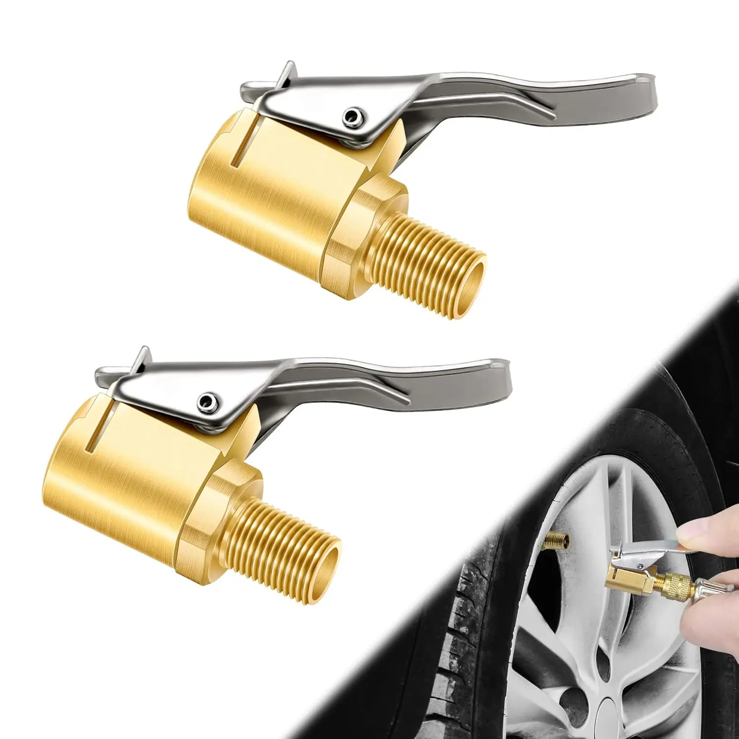 2PCS Locking Tire Air Chuck, Brass Tire Inflator Hose Adapter for Twist On Connection Convert to Lock On, No Air Leakage Air Compressor Pump Clip On Tire Chucks, Tire Nozzle with Tire Valve Thread