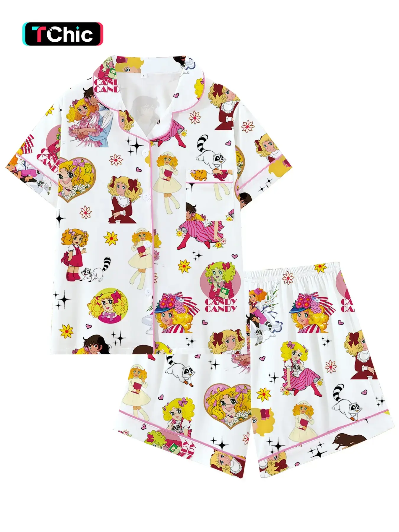 Candy Cartoon Healing Style Pajama Set, Cute Collar Short Sleeve Sleepwear, Comfortable for Sleeping, Vacation, Outdoor Wear, Gift Idea