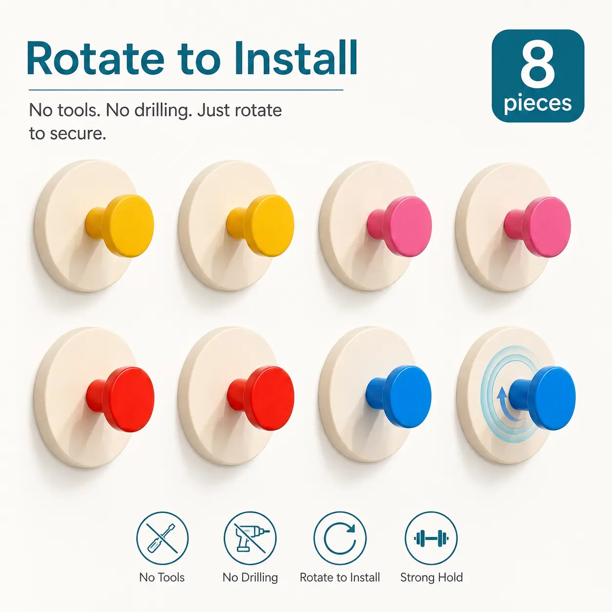 8pcs Dopamine Colorful Porcelain Wall Hooks - No-Drill Waterproof Smooth Adhesive Hooks for Keys, Clothes, Hats, Towels - Bathroom Decor Ideas, Home & Kitchen Organizer Decor