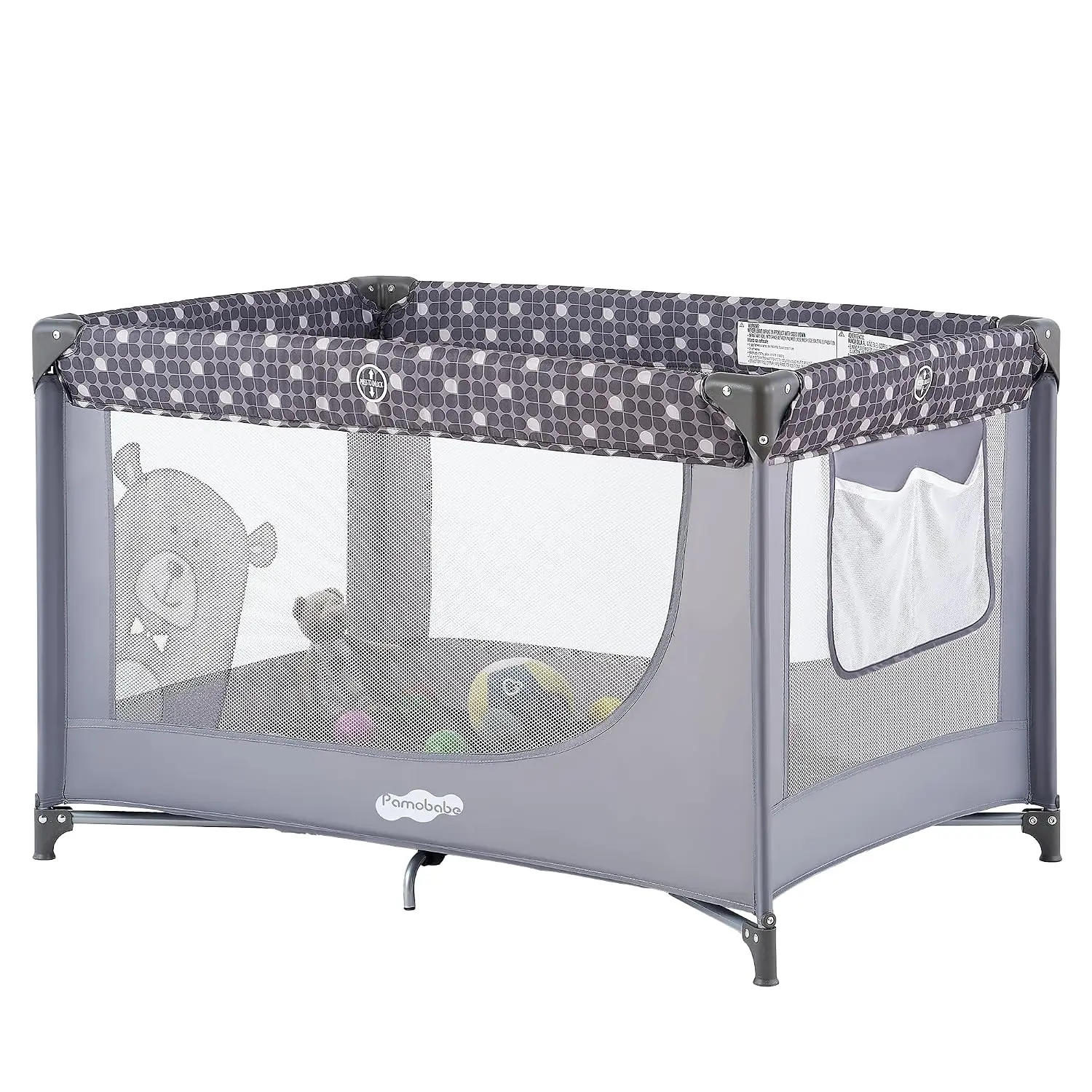 Pack and Play Portable Baby Crib, Foldable Mesh Playard with Mattress Pad & Side Storage Pocket, Lightweight Unisex Gray Travel Playpen for Infants and Toddlers, Indoor Outdoor Safe Activity Center