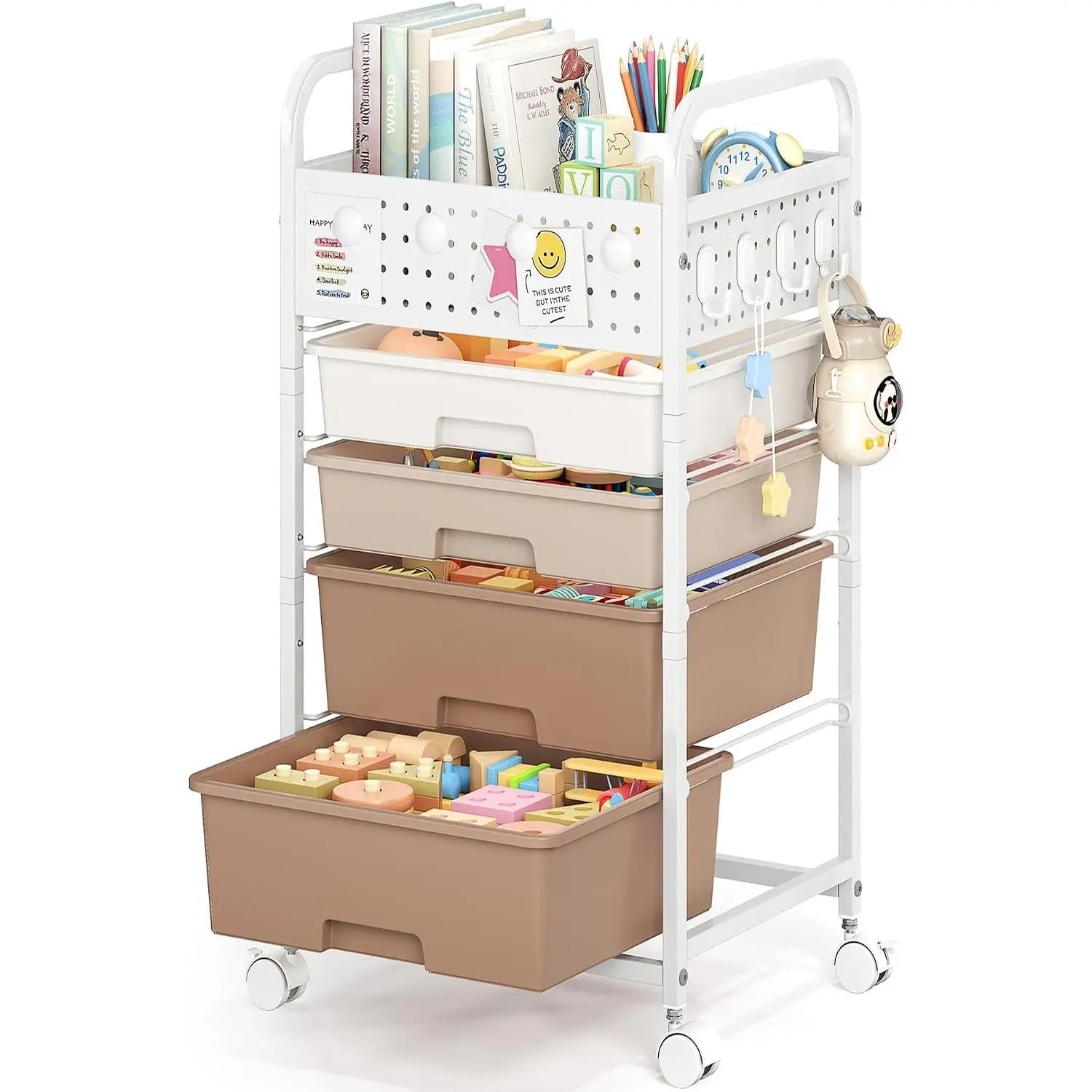 4 Drawer Rolling Storage Cart with Pegboard Top and Hooks, Brown | Mobile Organizer Cart with Wheels for Office Supplies, Craft Storage, Classroom Organization,  Utility Cart