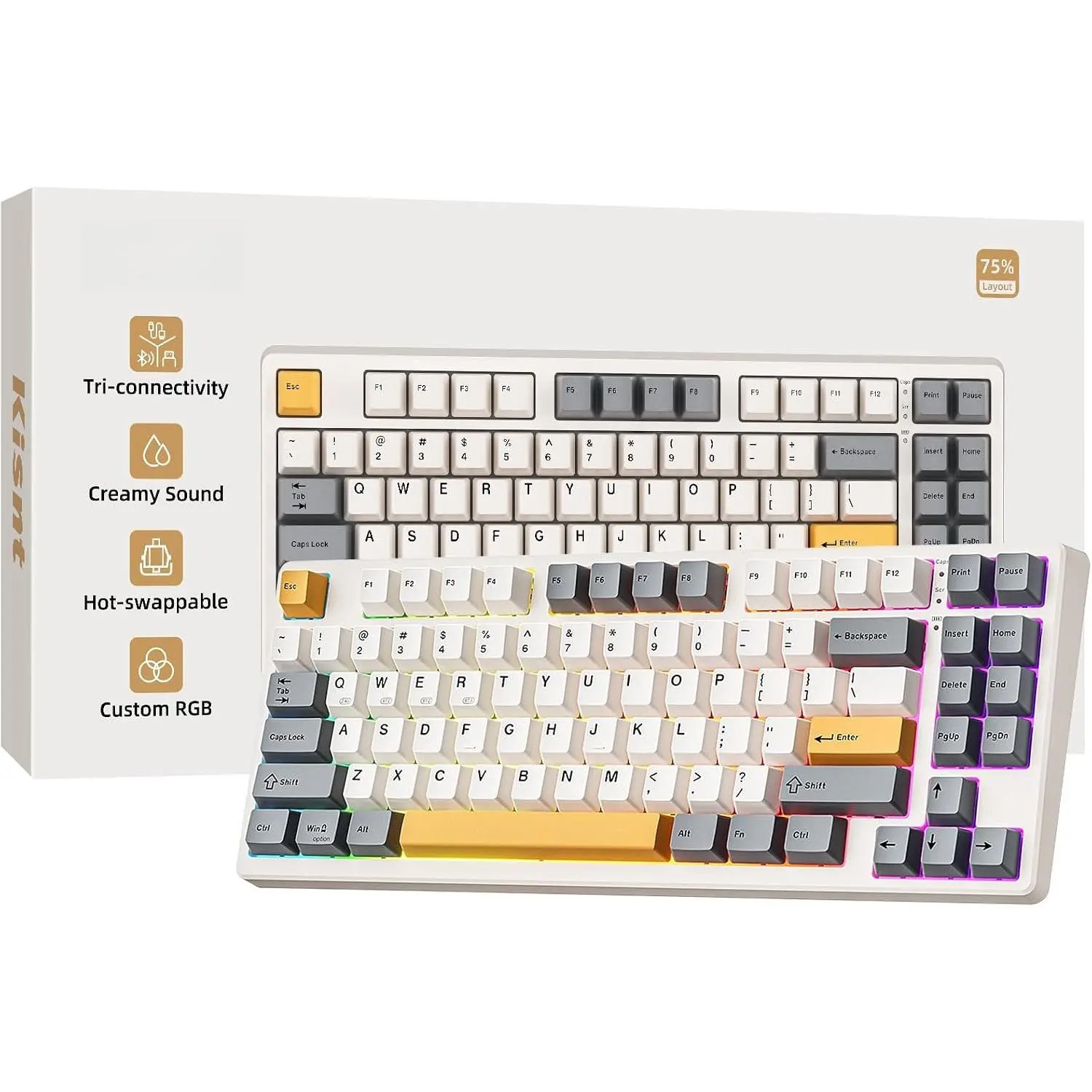 KN85 Creamy Keyboard - 75% Minimalist Layout, 2.4GHz Wireless/USB-C Connectivity, Custom RGB Backlit, Hot-Swappable Linear Switches, Smooth Creamy Sound for Gaming/Typing (Retro Beige, Modern Design)