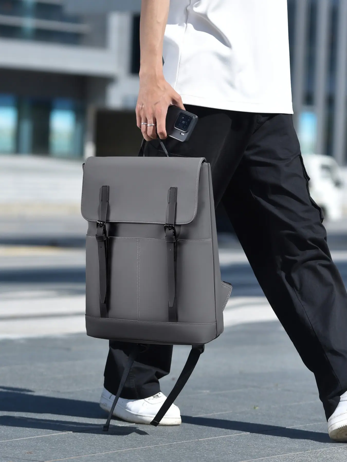 1pc Matte Dark Grey Flap Men Backpack Dual Leather Strap Buckle Closure Neat Contrast Stitching Structured Shell Handheld & Back Carry Business Daypack For Men Office Laptop Commute Computer Backpack