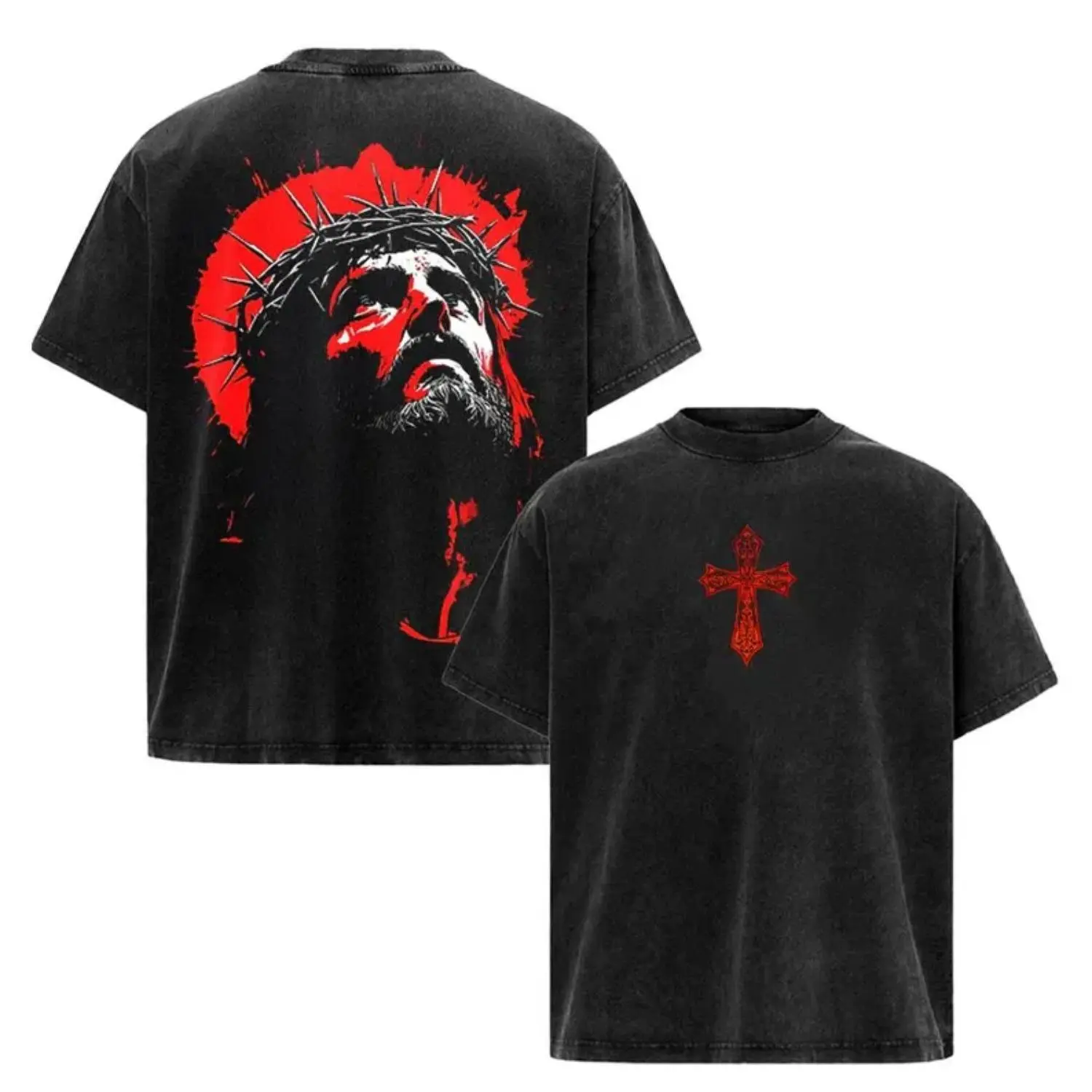 Men's Jesus Graphic Tee in Washed Heavyweight Cotton, Short-Sleeve Crew Neck with an Oversized Unisex Fit, Made in USA, Vintage, Shortsleeve, Relaxed True-Fit, Jesus Design Men's Short-Sleeve T-Shirts, Religious Graphic Men's Short-Sleeve T-Shirts