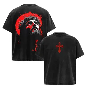 Menswear Washed Christian Graphic T-Shirt - Classic Round Neck, Short-Sleeve, Oversized Unisex Fit, Ribbed Fabric, Jesus Looking Up Design, Ideal for Day Wear