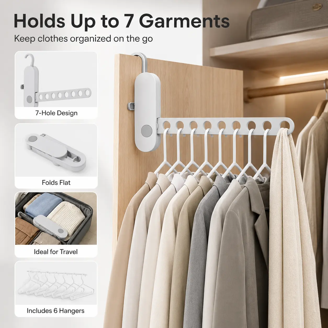 Foldable Travel Gear Laundry Dryer Rack with 6 Hangers, 7-Hole Compact Folded Over-Door Organizer, Space-Saving Holder for Cruise/RV & Closet
