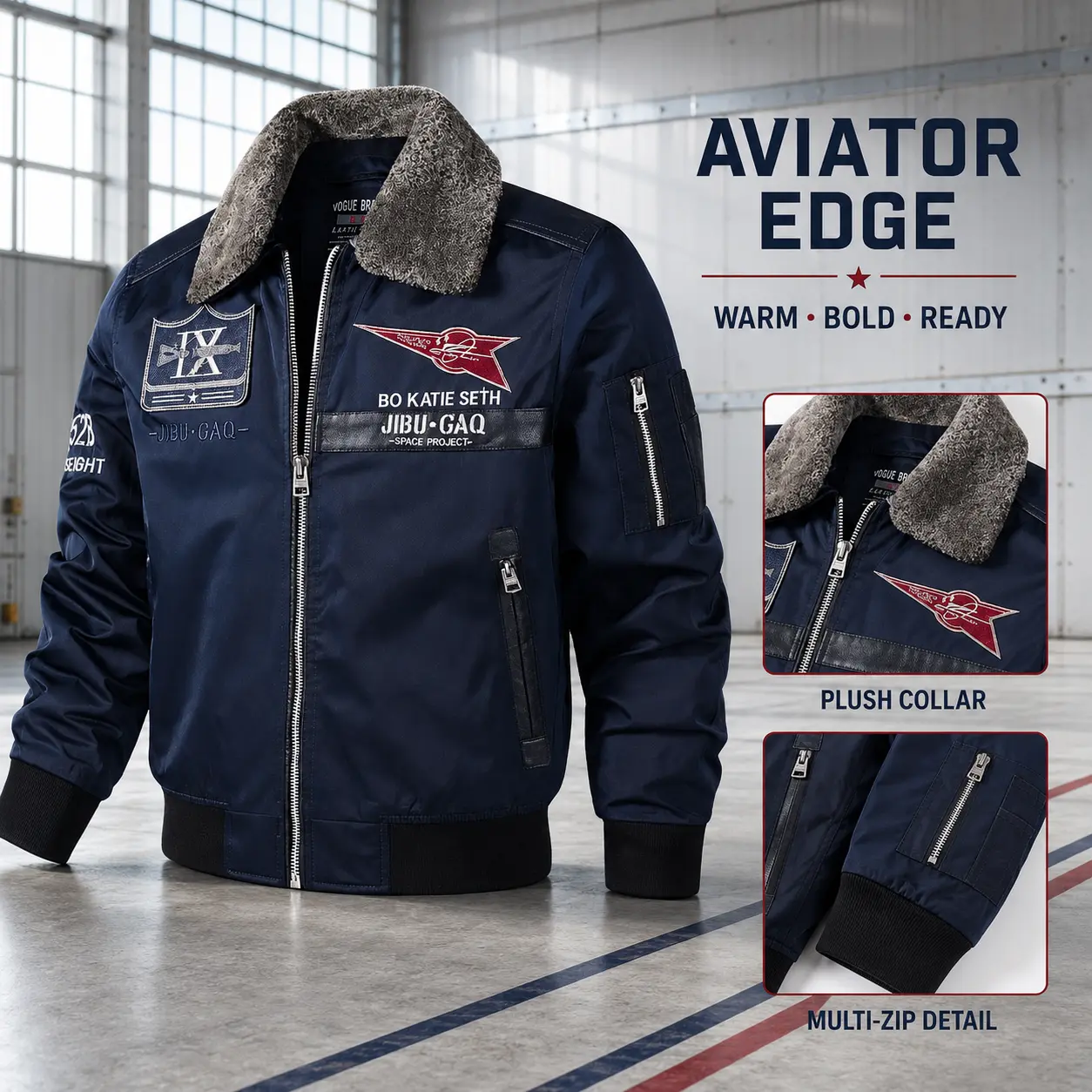 Men's Sherpa Collar Bomber Jacket, Military Embroidered Pilot Flight Jacket for Fall Winter