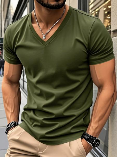 Men's Solid V-Neck Short Sleeve T-Shirt, Soft Breathable Heart-Neck Top, Classic Basic Versatile Tee &ndash; Suitable for Daily Wear, Layering & Outdoor Sports, Casual Fashion Must-Have for Men