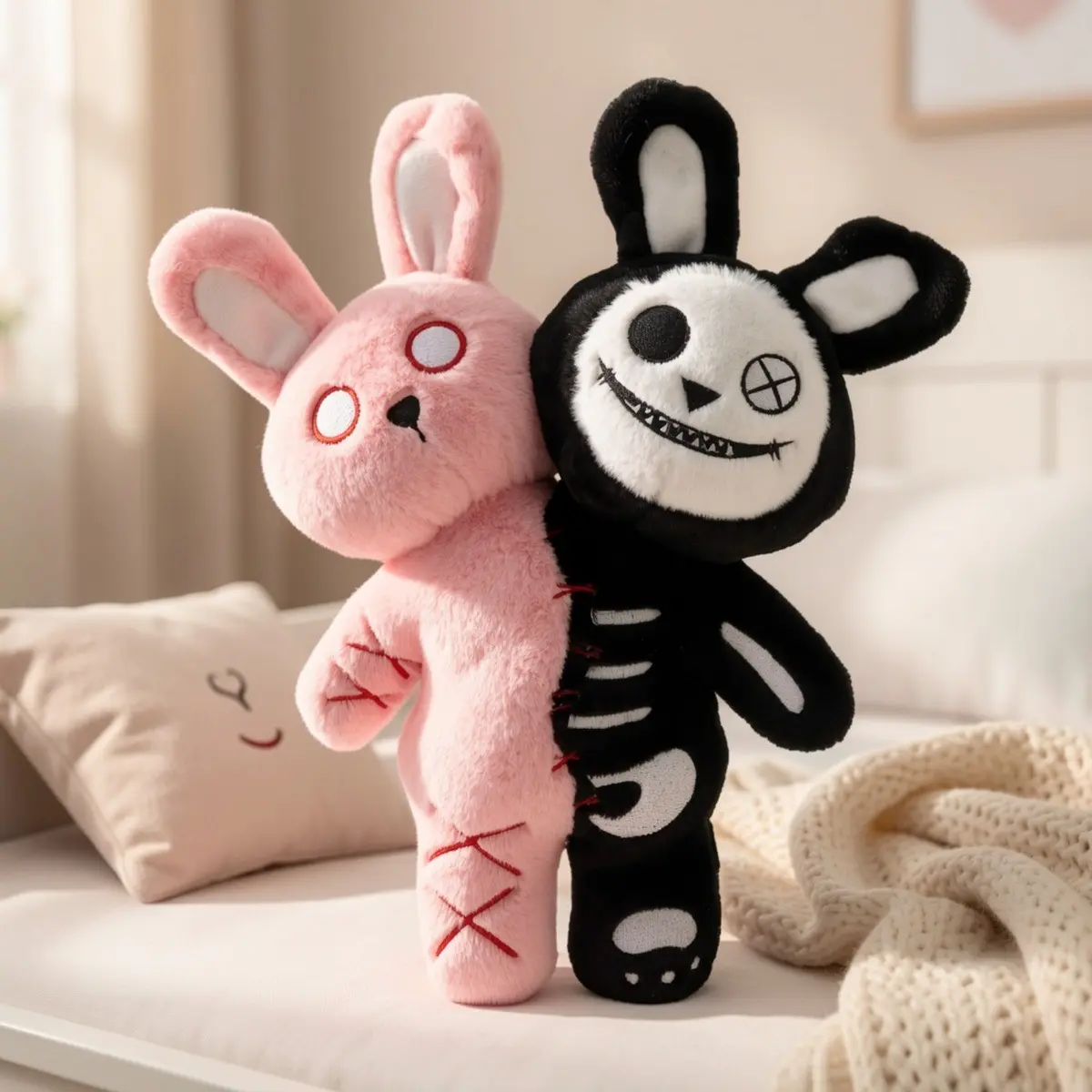 Two-Faced Skull Bunny Plush Doll 30cm, Gothic Skeleton Rabbit Stuffed Toy, Bunny Plushie, Halloween Decor, Cute Soft Doll Gift