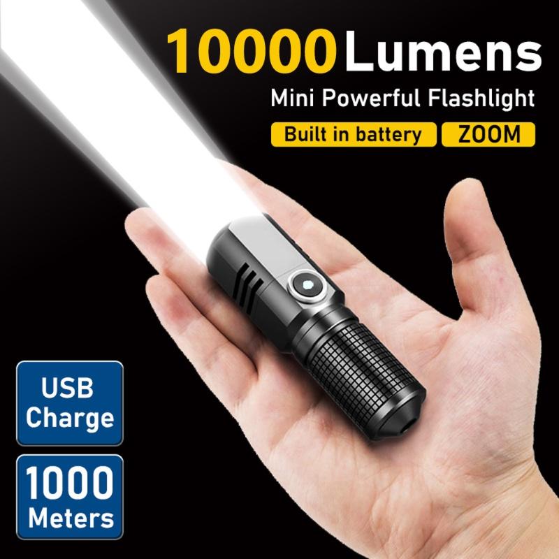 10000 LM mini powerful led flashlight xhp50 built-in battery 3 modes usb rechargeable flashlights flash light edc torch lamp
