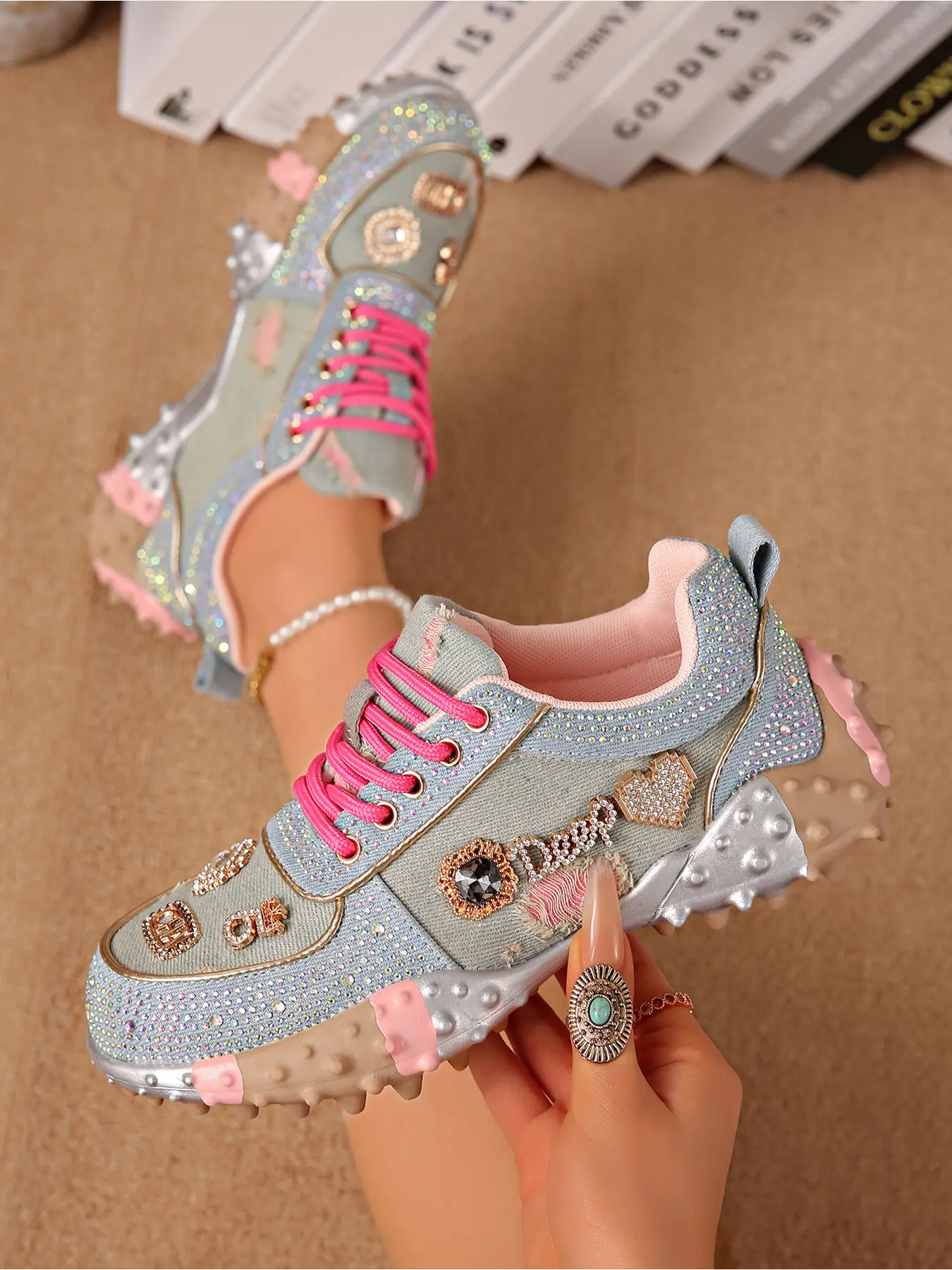 Women's Shoes Vintage Leopard Print Mesh Sneakers Rhinestone Metal Decoration Lace Up Spiky Thick Sole Platform Walking Shoes