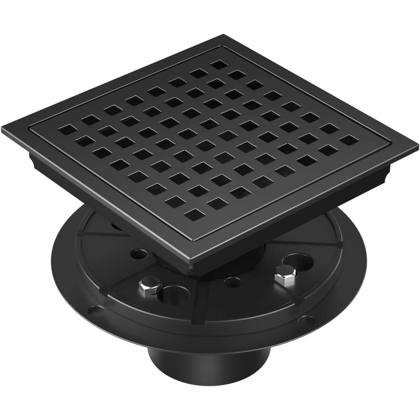 6-Inch Square Shower Drain with ABS Flange Base, Matte Black 304 Stainless Steel Floor Drain, Removable Grate and Hair Strainer for Modern Bathroom Remodels and Curbless Showers