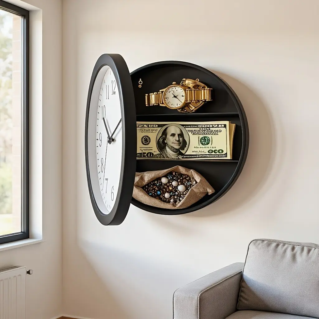 Hidden Wall Clock Safe, Decorative Round Clock with Secret Storage Compartment, Concealed Wall Organizer for Jewelry, Cash, Watches and Small Valuables, Home Office Decor
