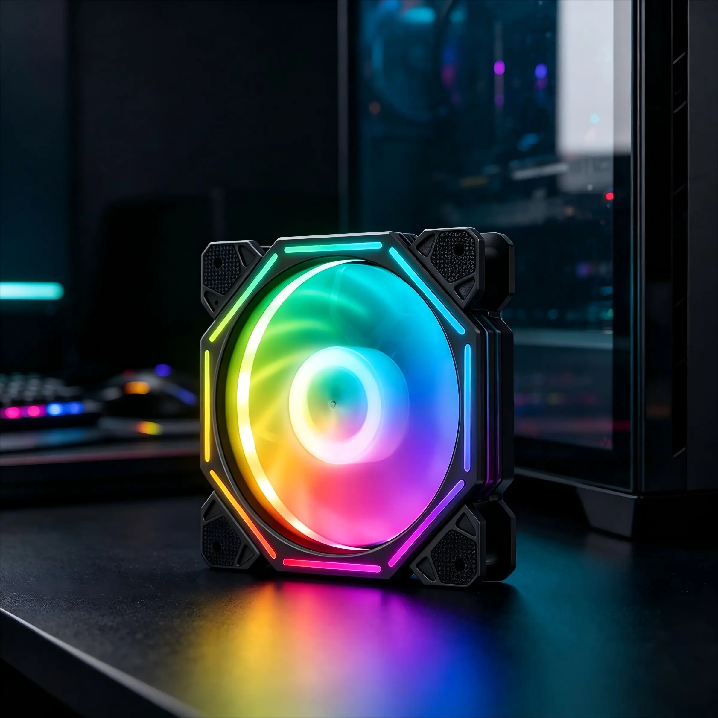 4.72inch/120mm RGB Computer Case Fan Magic Mirror Lighting Effects Hydraulic Bearing High Airflow Quiet Cooling 7 Curved Fluid Transparent Blades 12V 3 pin and molex 4 pin PSU Plug Rubber Shock Absorption Corner Computer Fans PC Case Cooling Systems