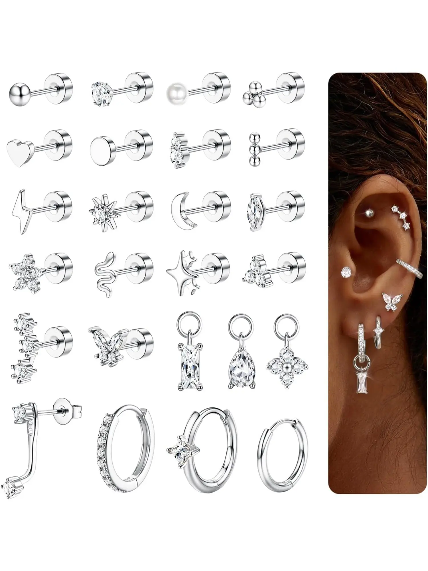 25pcs Flat Back Earrings Hypoallergenic Surgical Steel Stud Hoop Earrings Set Tragus Helix Cartilage Earring Conch Daith Tragus Piercing Jewellery for Women Flatback Stud Earrings Earrings Studs