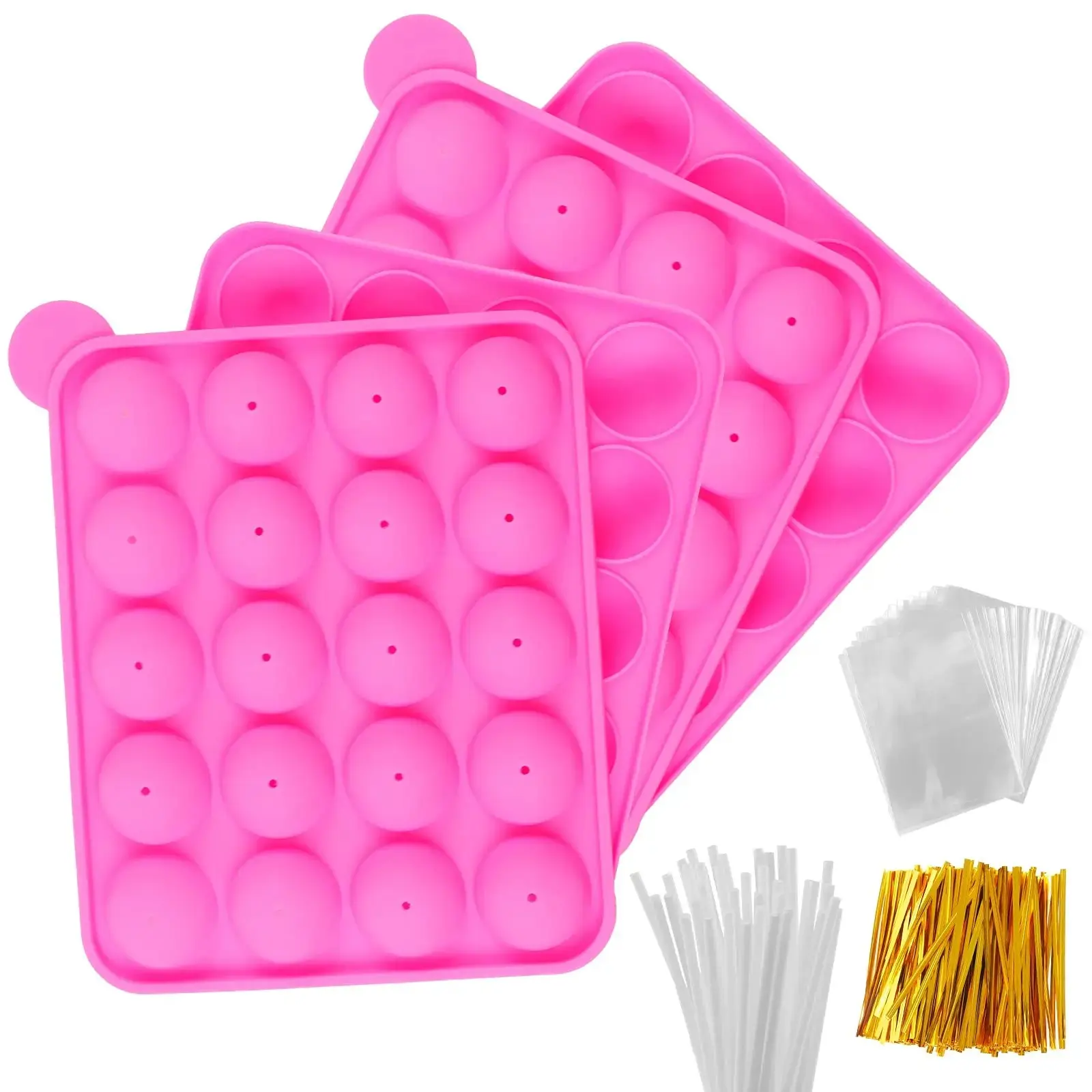 2 Pcs Silicone Cake Pop Mold Set,Including 2 Pack Lollipop Molds Kit with 40 Cake Pop Sticks,100 Candy Treat Bags,and 100 Gold Twist Ties,Ideal For Chocolate Lollipop,Candy,DIY Hand Tools Kits