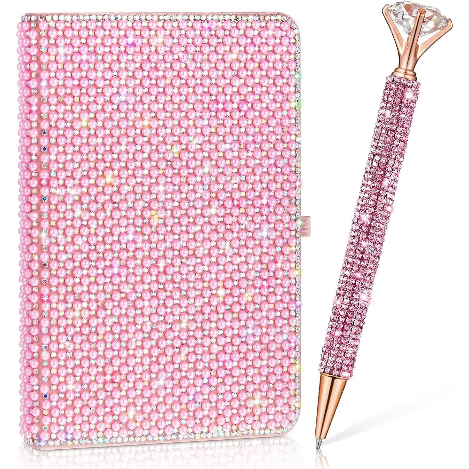 Rhinestone Pen & Glitter Notebook Set, Hard Cover Bling Diary Journal for Girls, Cute School Supplies for  to School, Sparkly Desk Accessories  for Women(,A6,)